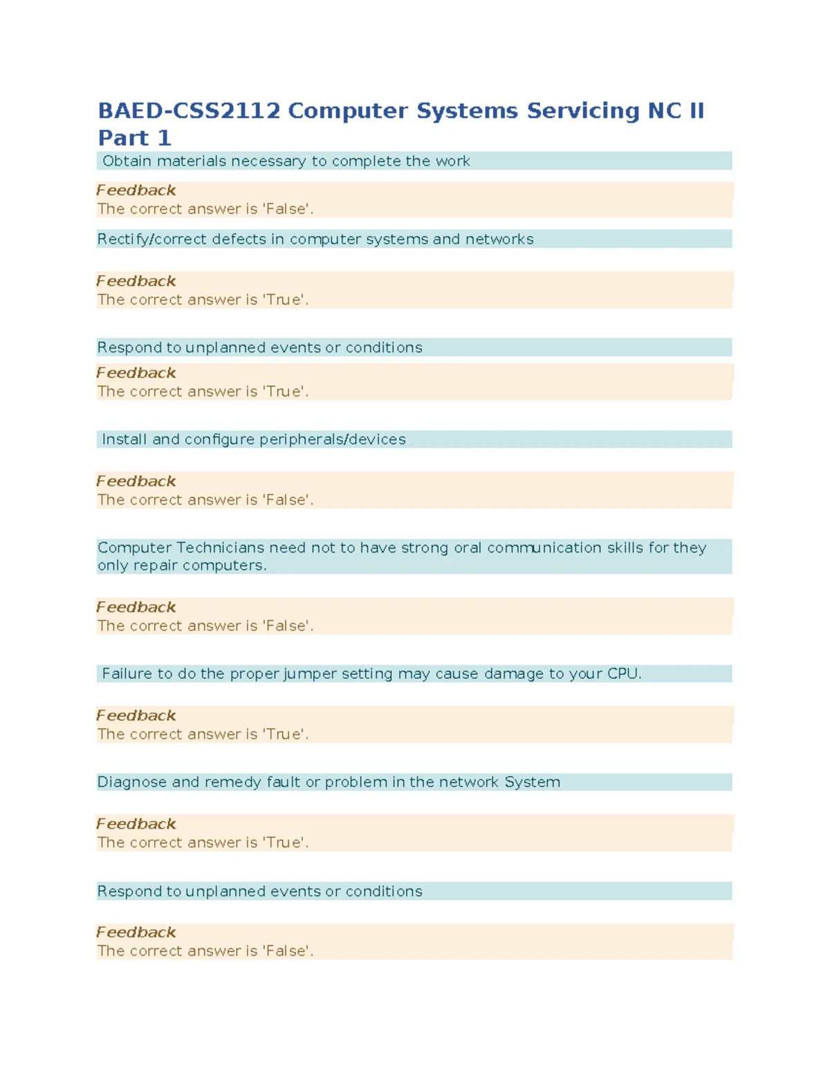 CSS-112 Computer Systems Servicing NC II Study Guide and Feedback - Studocu