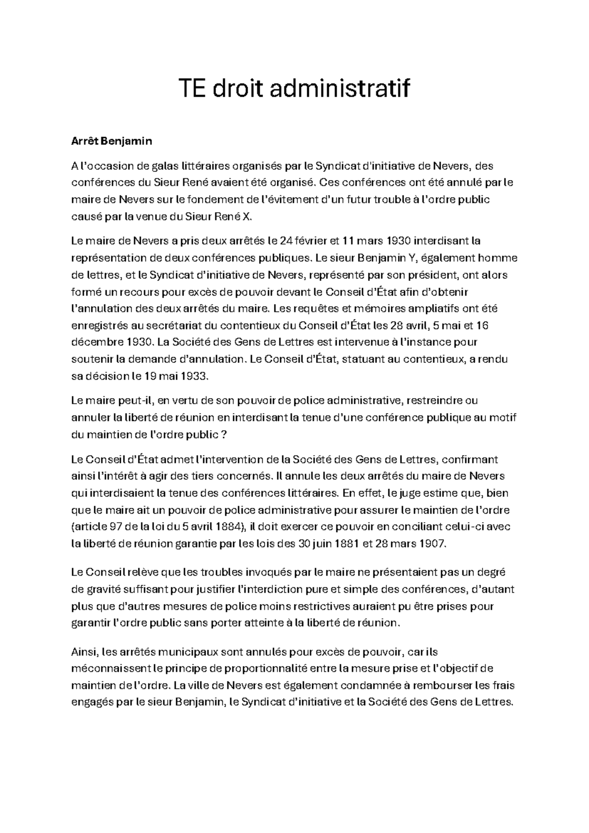 Arrêt Benjamin Y et Syndicat de Nevers - Droit Administratif - Studocu