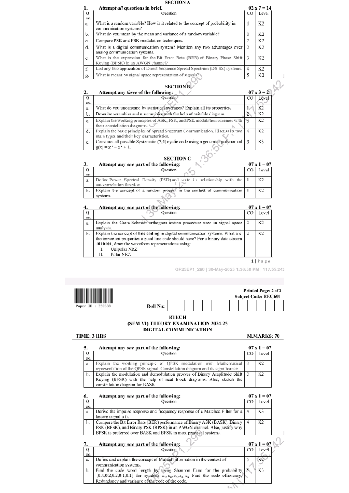 BEC601 Digital Communication Theory Exam Questions and Answers - Studocu