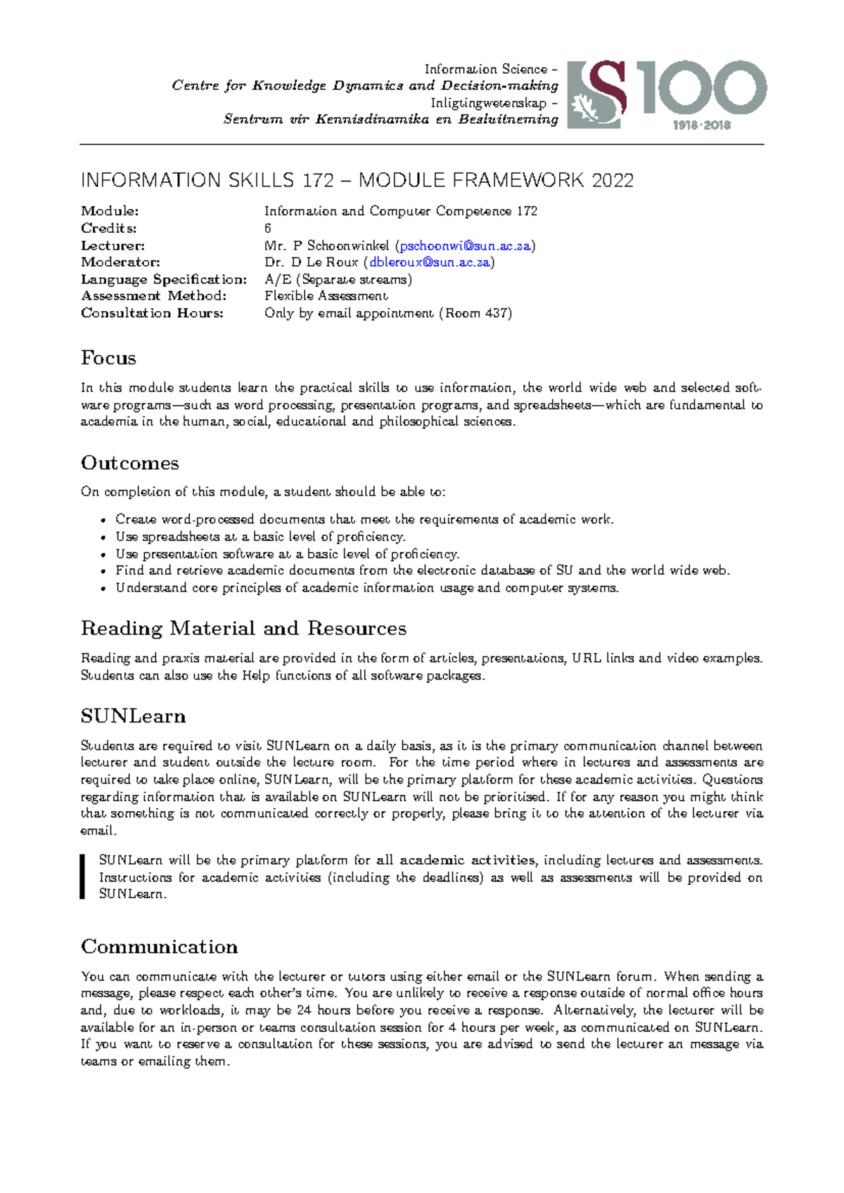 Information Skills 172 - Module Framework Overview 2022 - Studocu