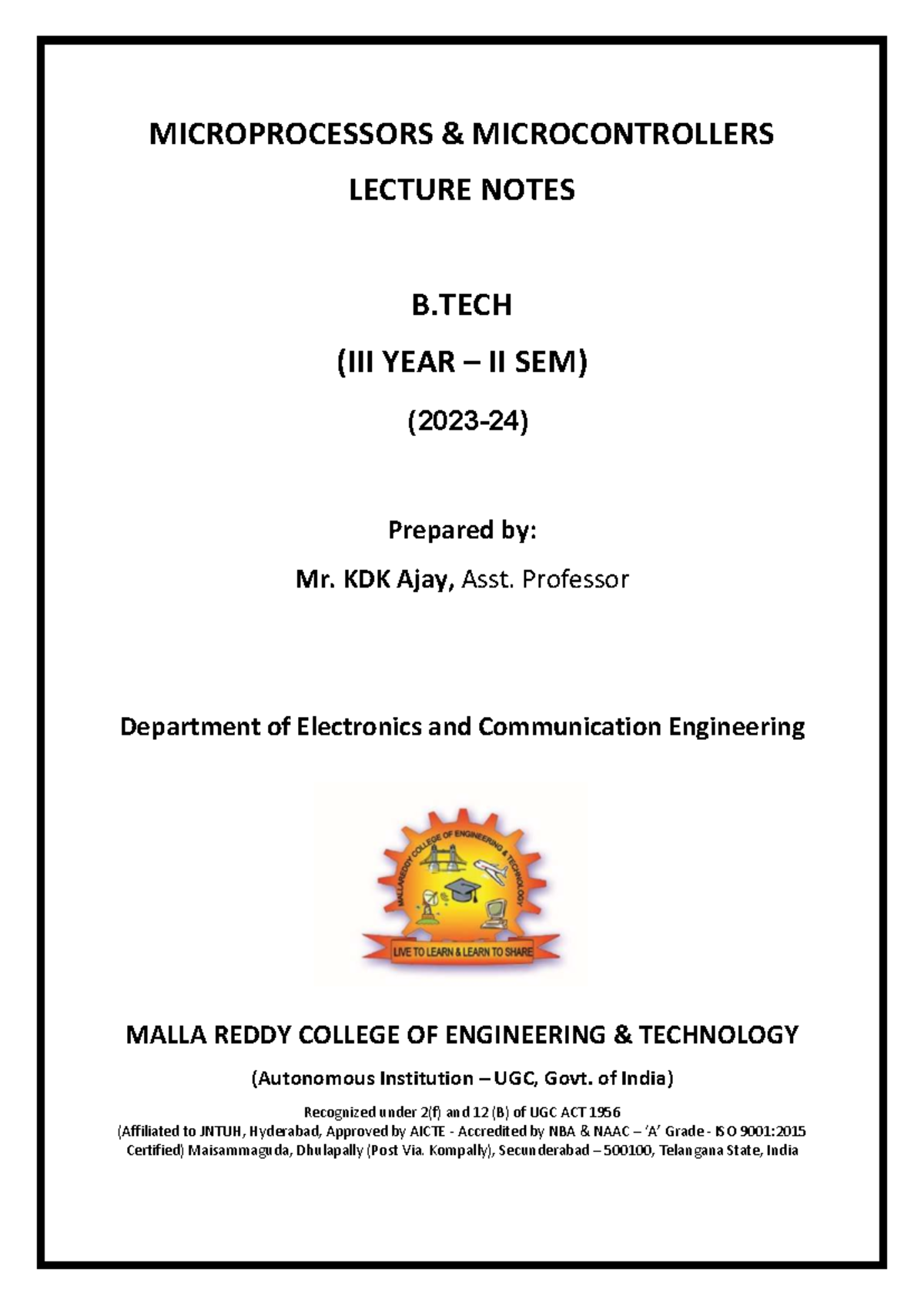 MPMC Digital Notes 2023-24 - MICROPROCESSORS & MICROCONTROLLERS LECTURE ...