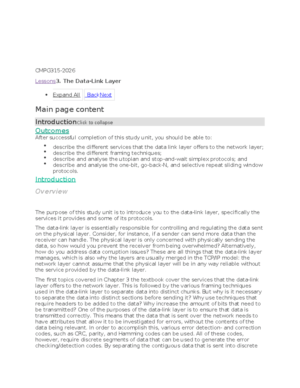 SU3: Data Link Layer Lessons on Framing and Protocols - Studocu