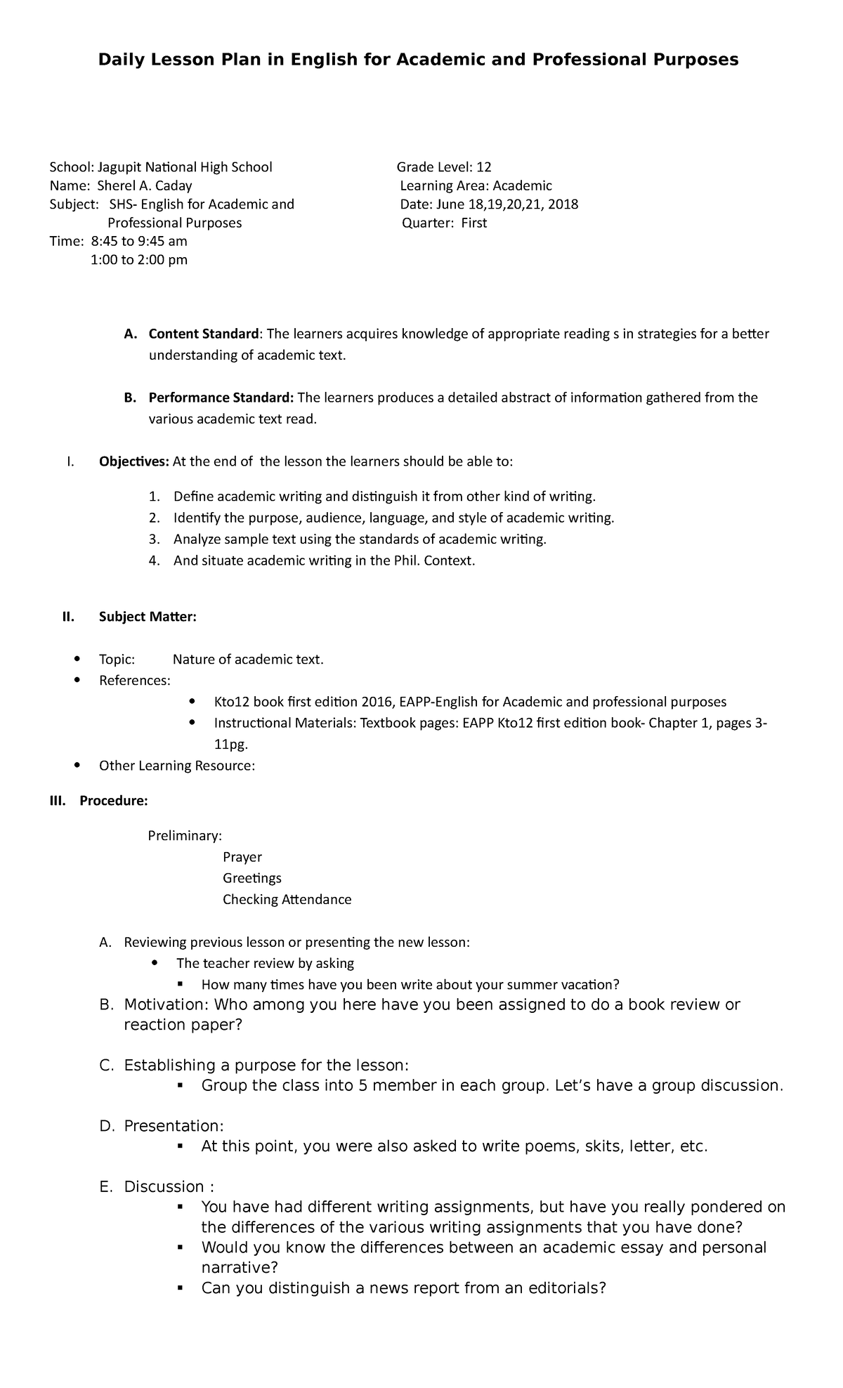 DLP in EAPP: Comprehensive Daily Lesson Plan for Academic Writing - Studocu