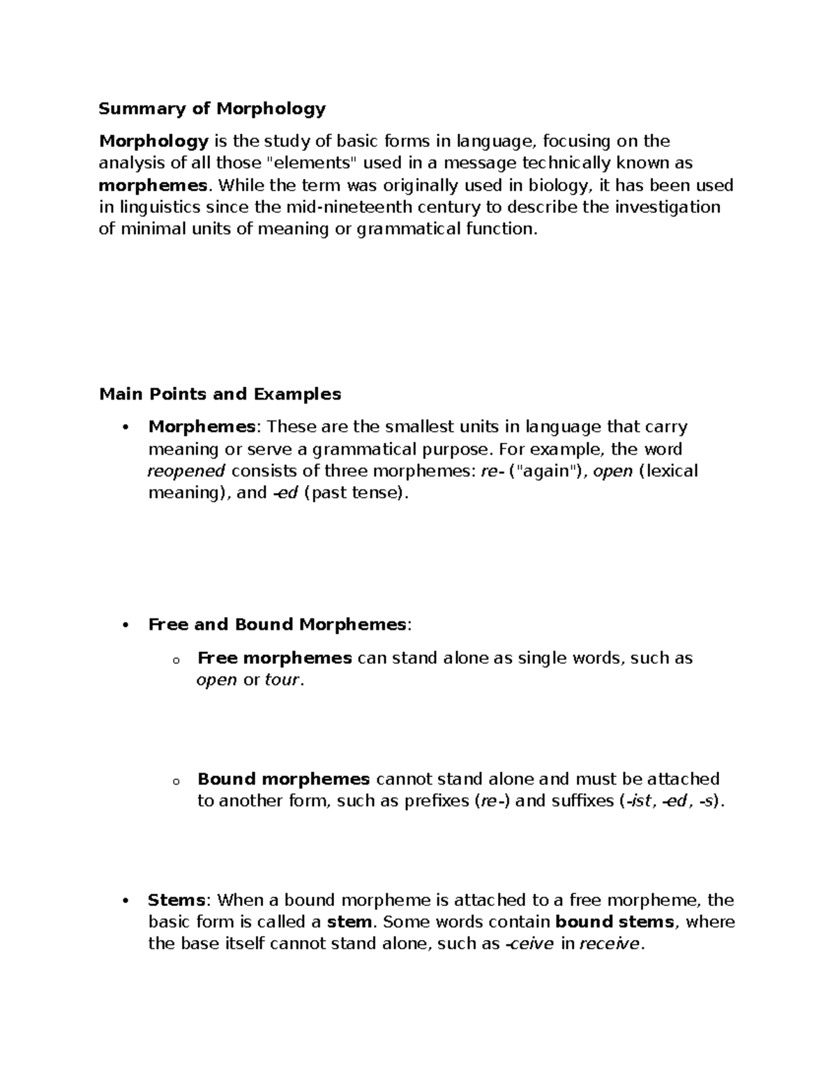 Morphology Summary: Key Concepts and Definitions - Studocu