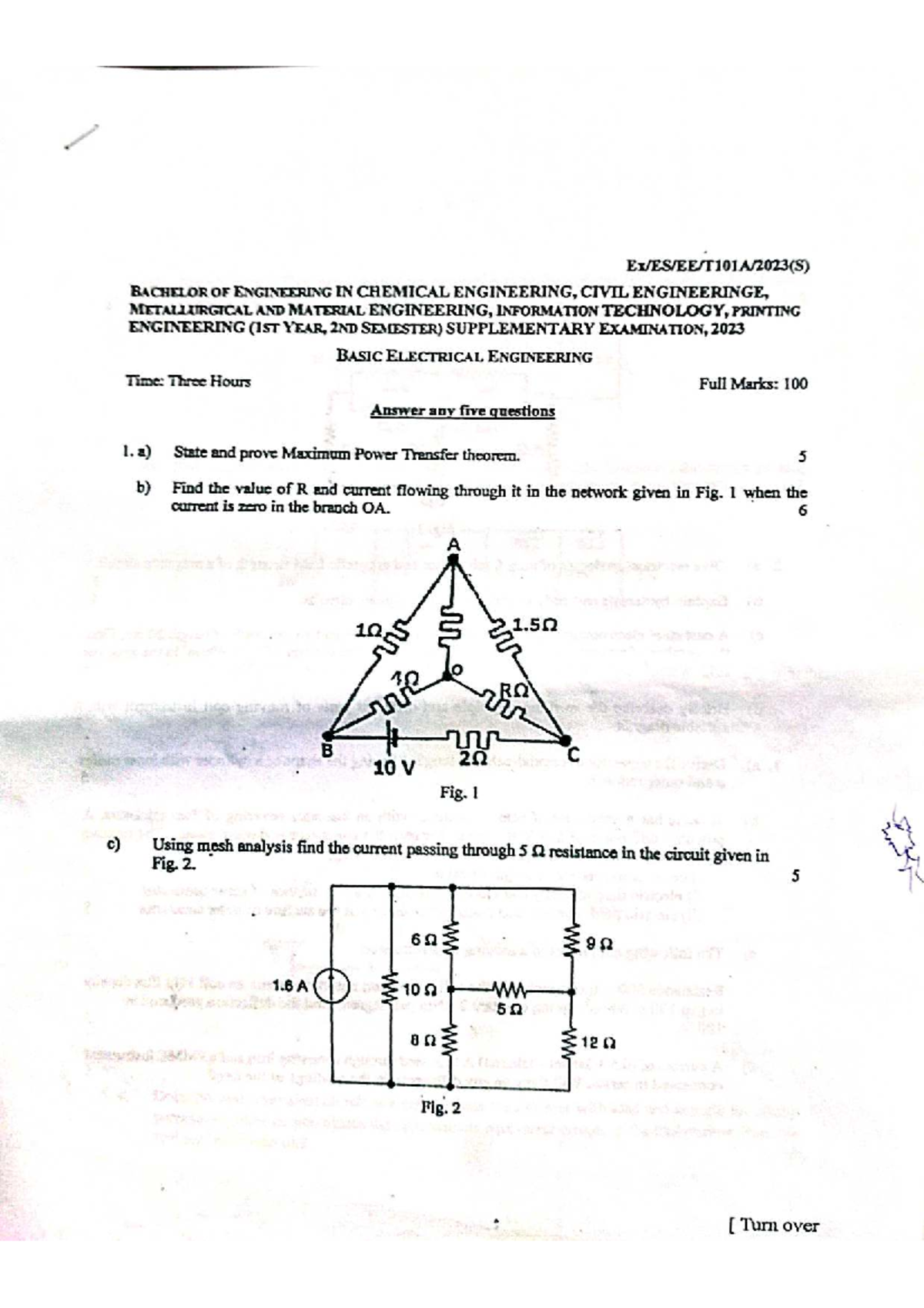 BEE 2023 - 1st Year, 2nd Sem. Supplementary Exam Notes - Studocu
