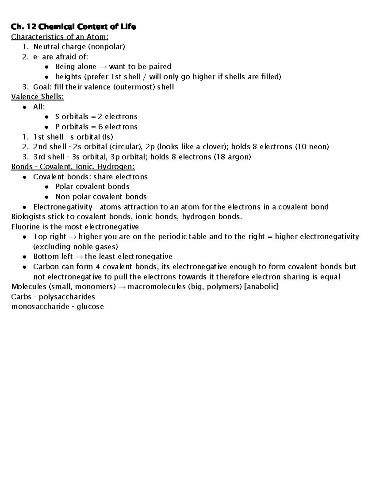 Ch. 12 Chemical Context of Life - Lecture Notes - Studocu