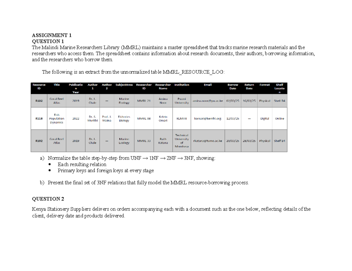 ASSIGNMENT 1: Normalization of MMRL Resource Log and Delivery Docs ...
