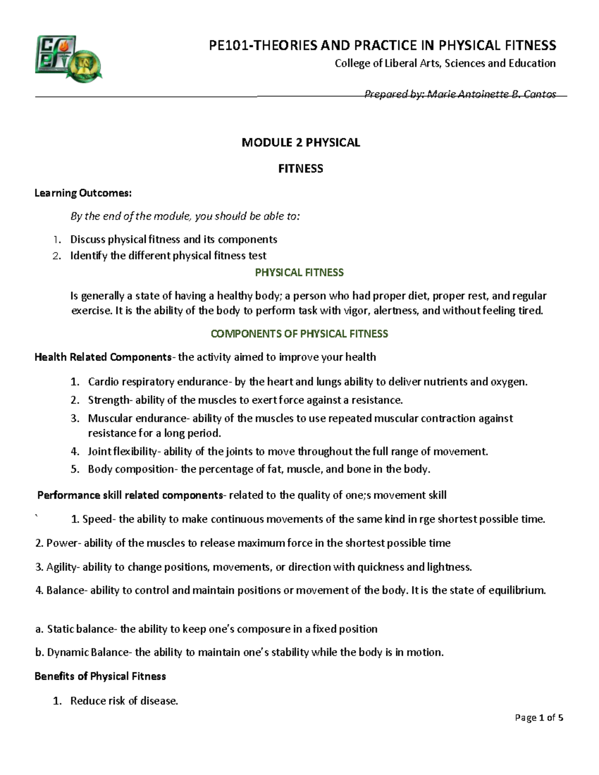 PE 101 Module 2: Understanding Physical Fitness Components and Tests ...