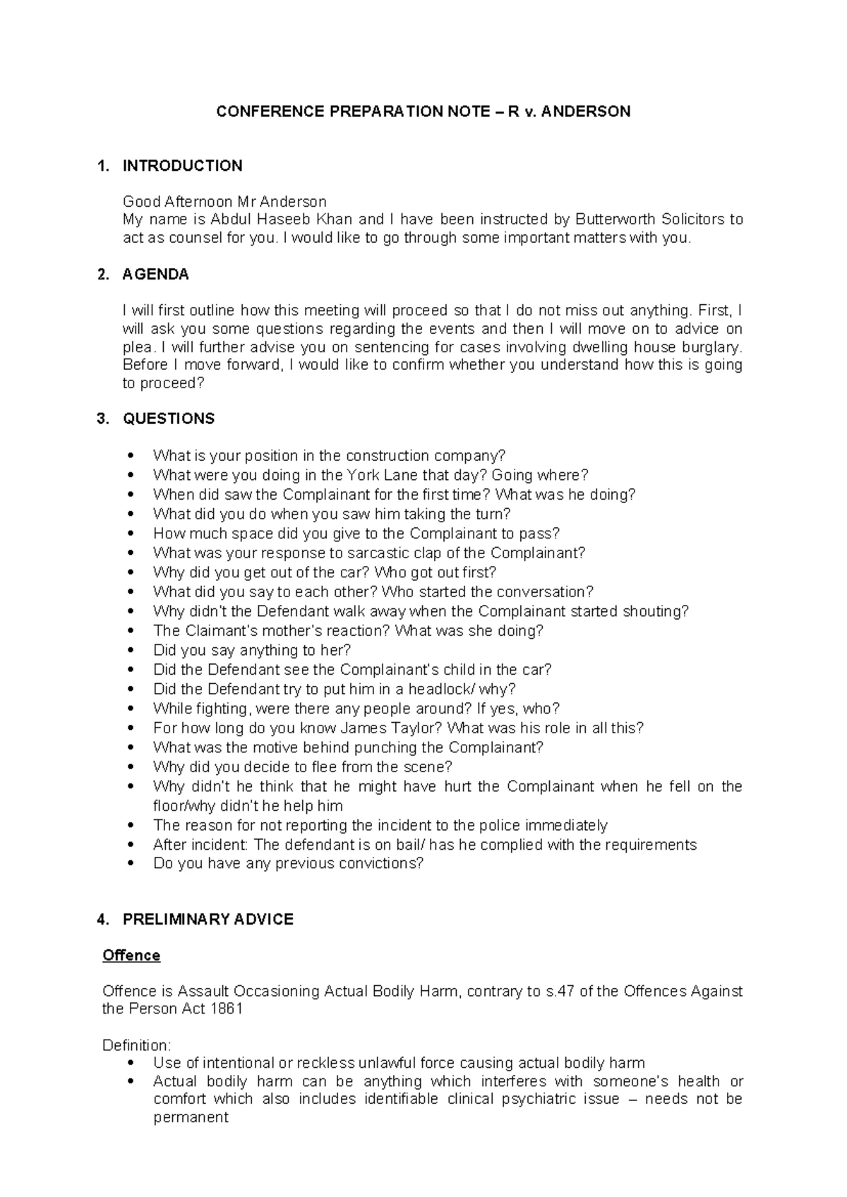 Conference Preparation Note: R v. Anderson - Key Points & Advice - Studocu