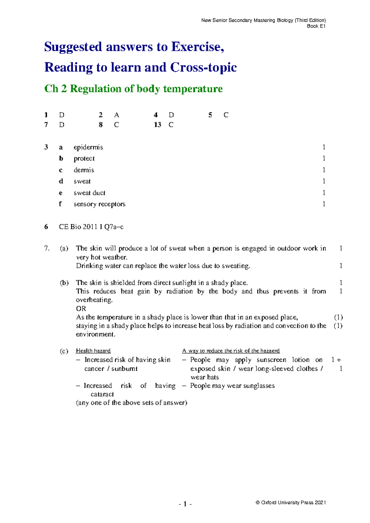 E1 Ch 02 Txtbk Ex Answers - HKDSE Biology Regulation of Body Temp - Studocu
