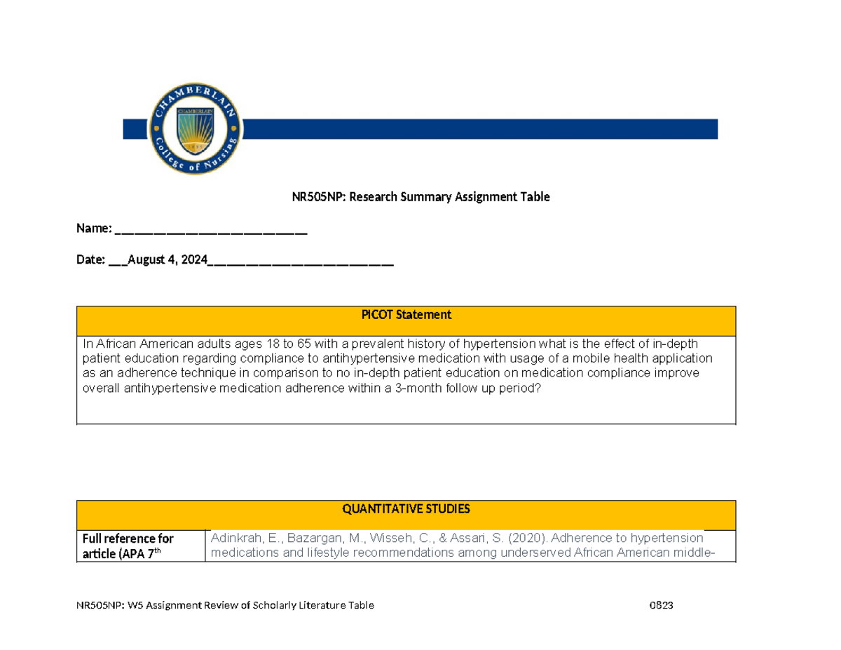 *NR505 final Week 5 assignment - NR505NP: Research Summary Assignment ...