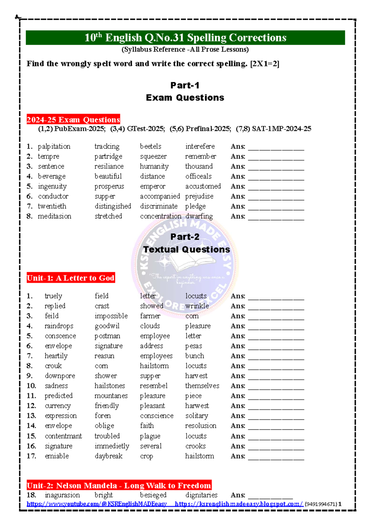 10th English Q.No.31 Spelling Corrections & Textual Questions - Studocu