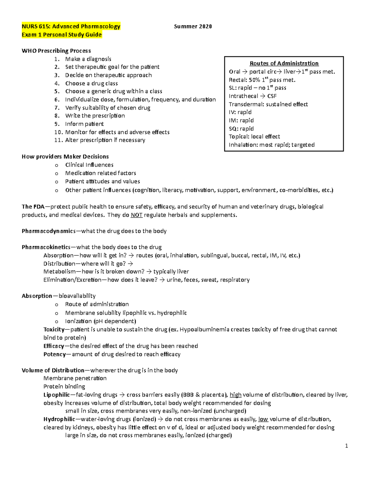 NURS 615: Pharmacology Exam 1 - Comprehensive Study Guide - Studocu
