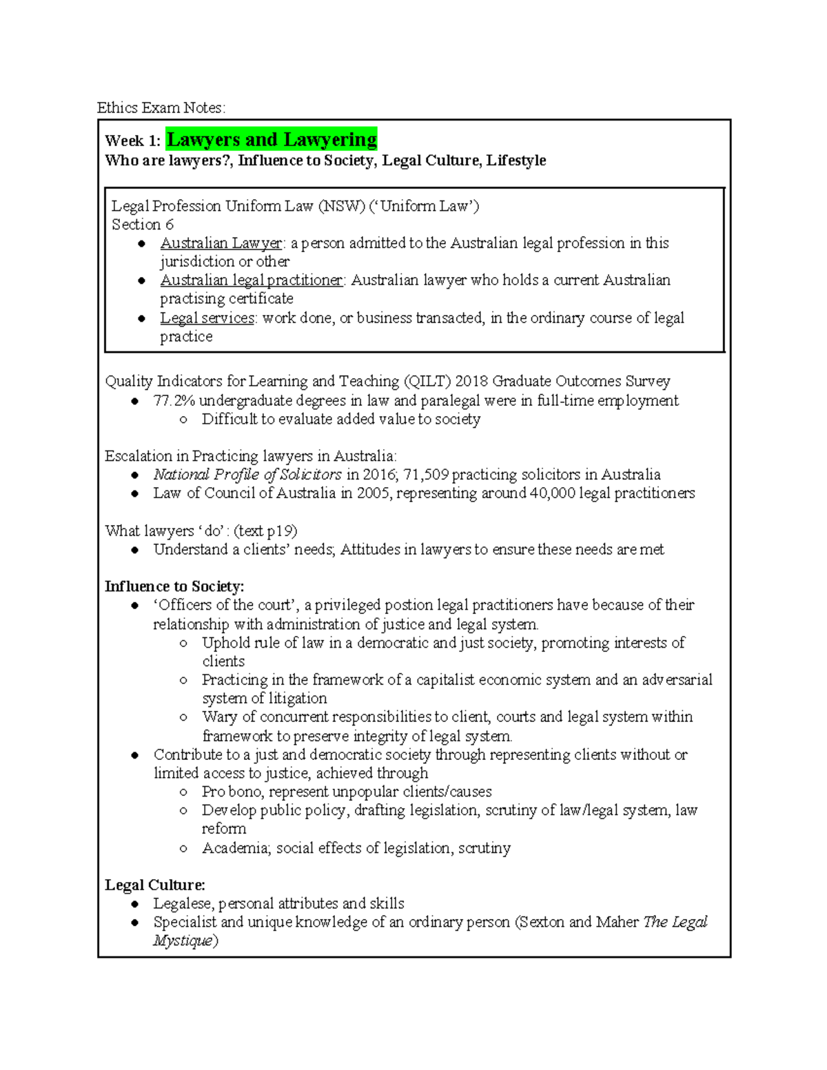 Ethics Exam Notes (LAW101) - Key Concepts and Frameworks - Studocu