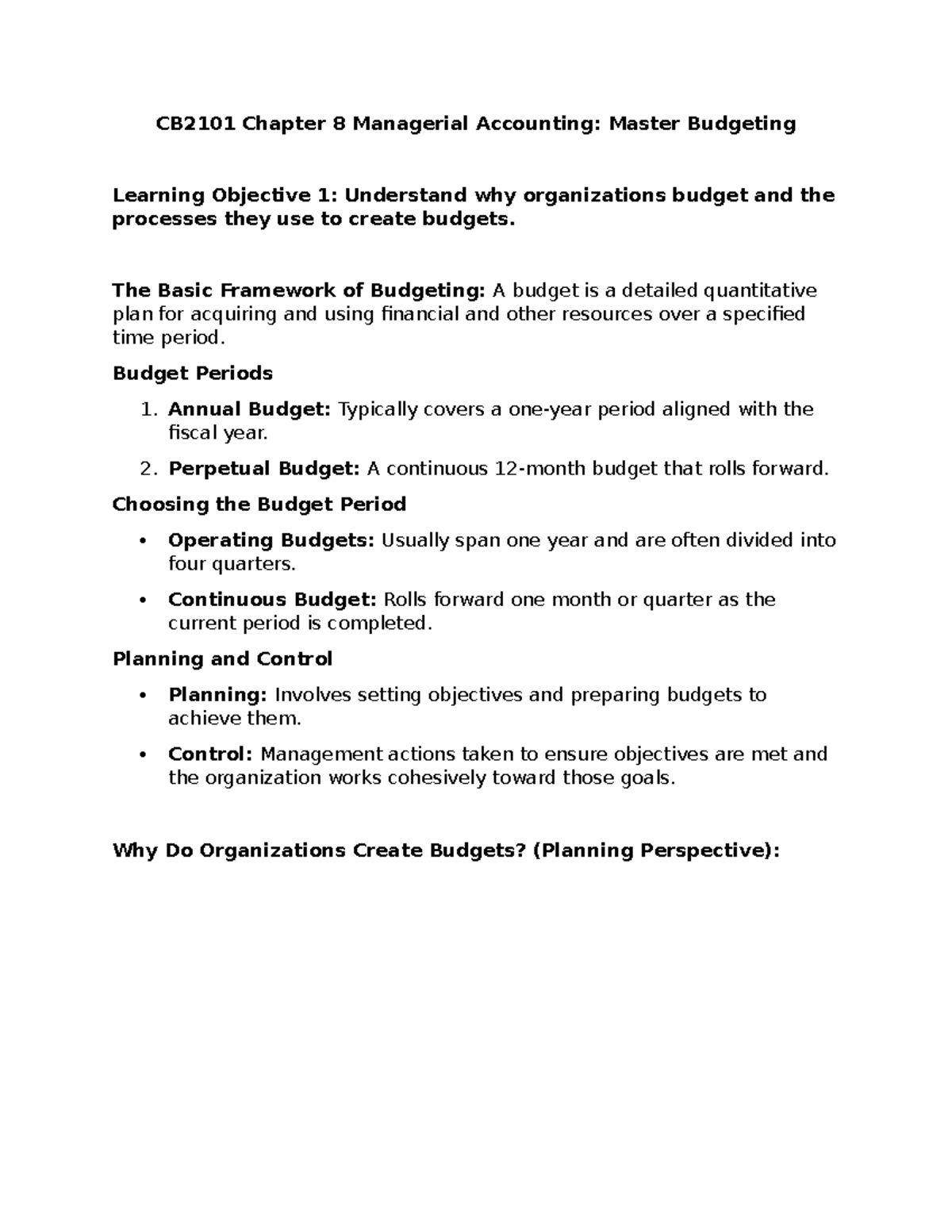 CB2101 Chapter 8 Managerial Accounting: Master budgeting summary - Studocu