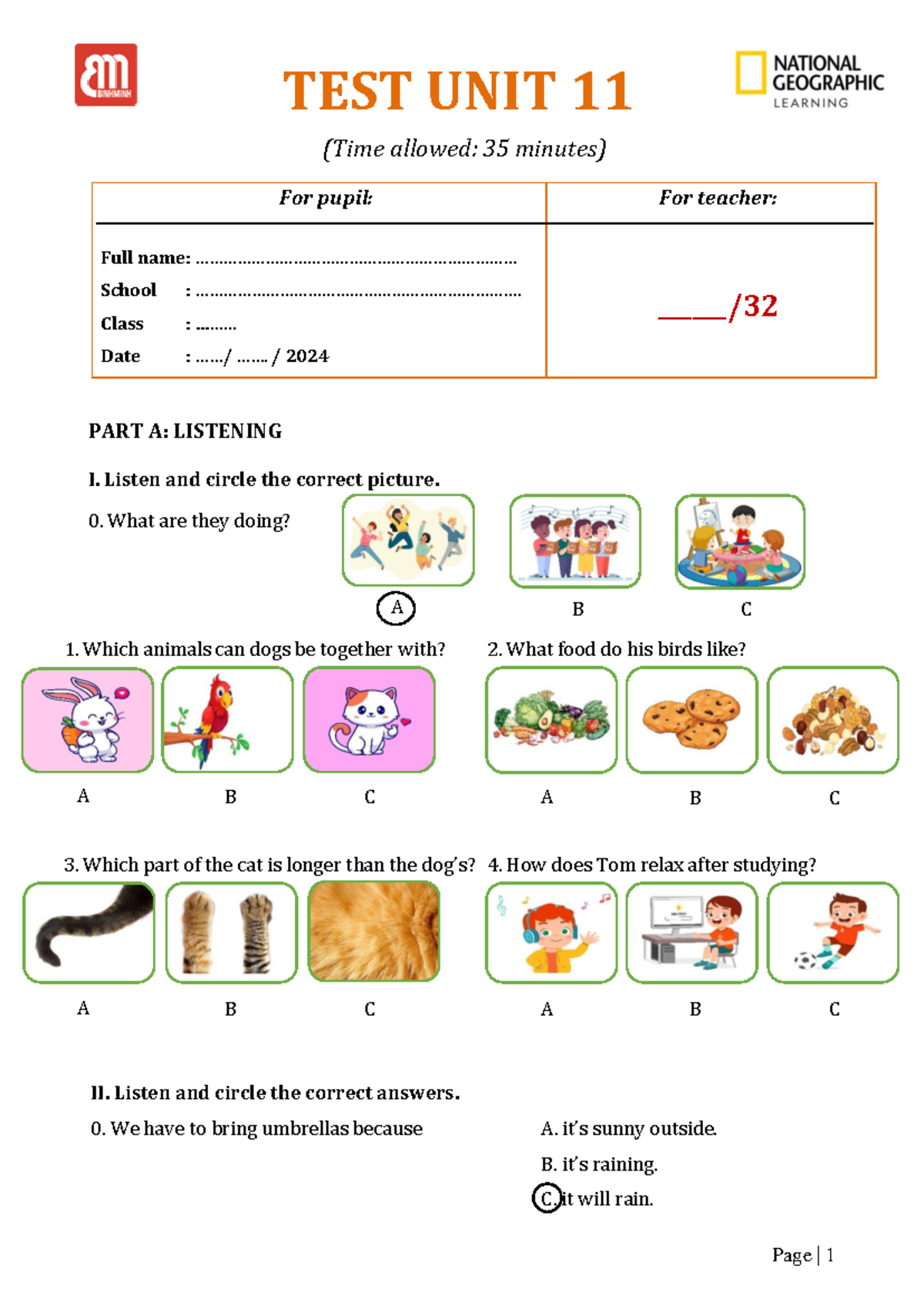 Grade 5 - Unit 11 Listening & Reading Test (Time: 35 min) - Studocu