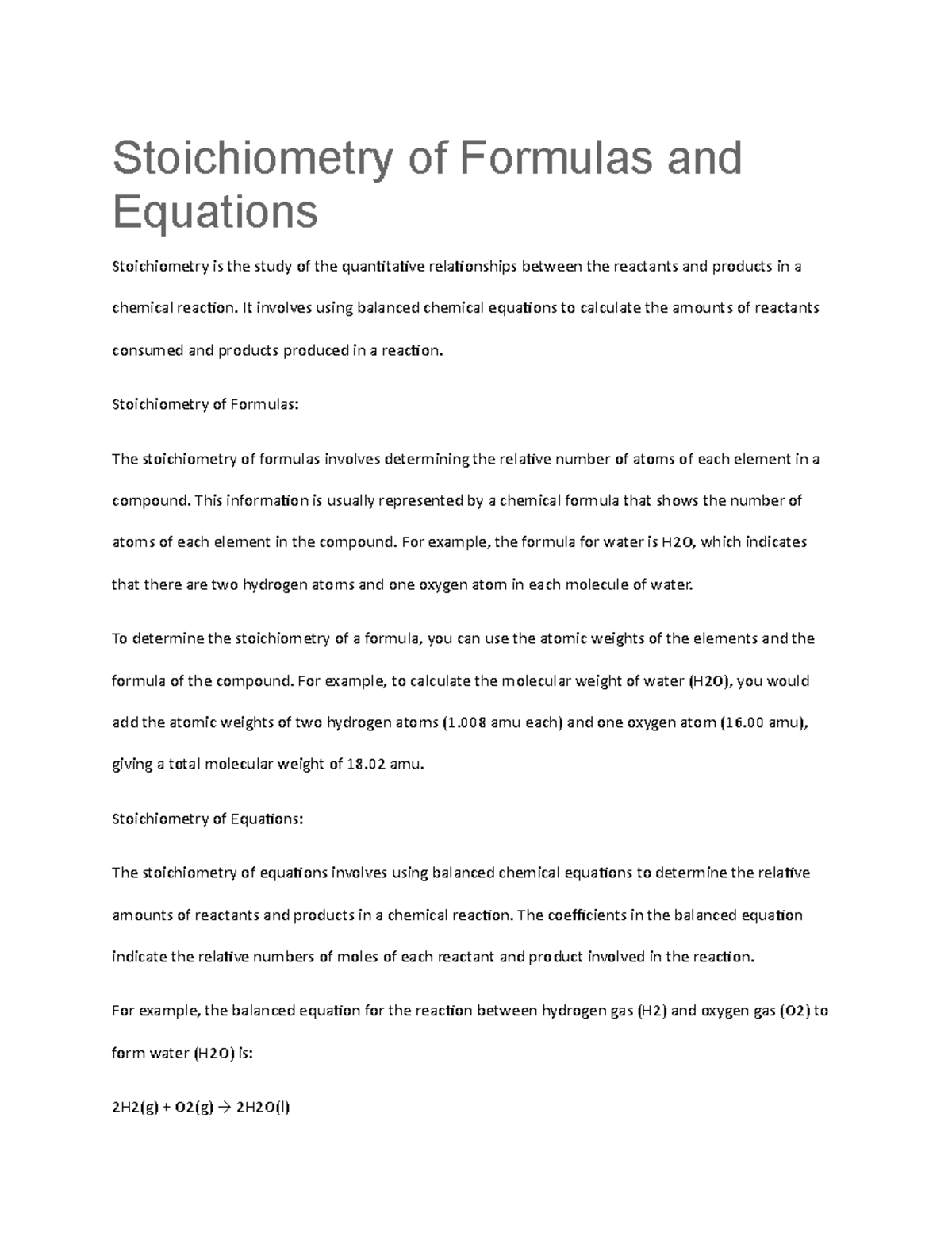 Stoichiometry of Formulas and Equations: A Comprehensive Guide - Studocu