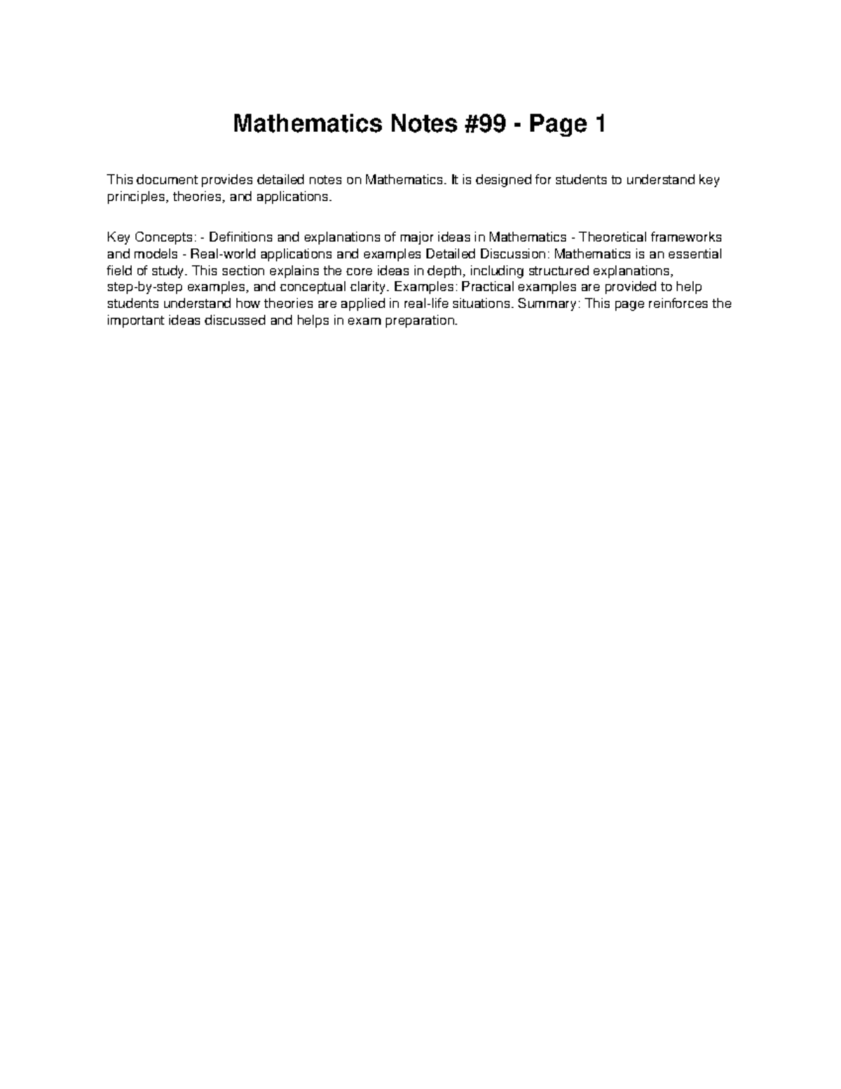 Mathematics Class Notes 99: Key Concepts & Applications - Studocu