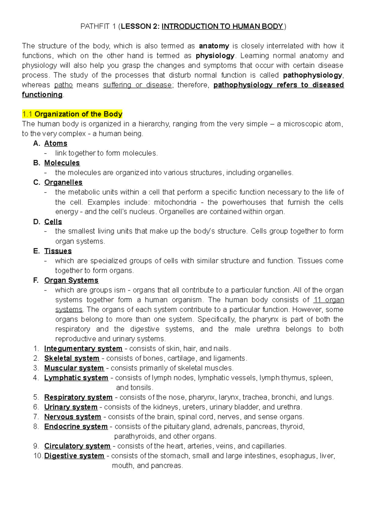 PATHFIT 1 Lesson 2: Anatomy and Physiology Overview Notes - Studocu