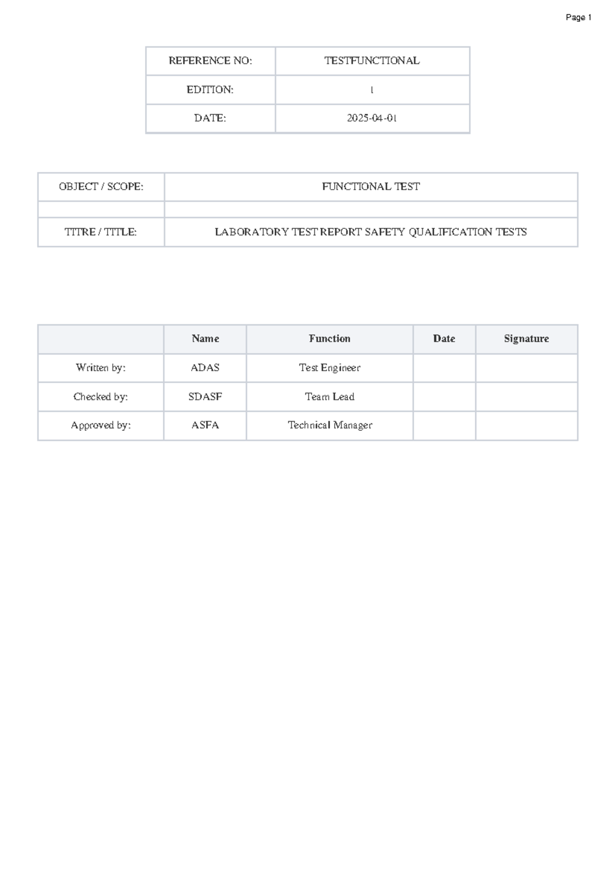 Functional Test Report for Safety Qualification Tests (TESTFUNCTIONAL ...