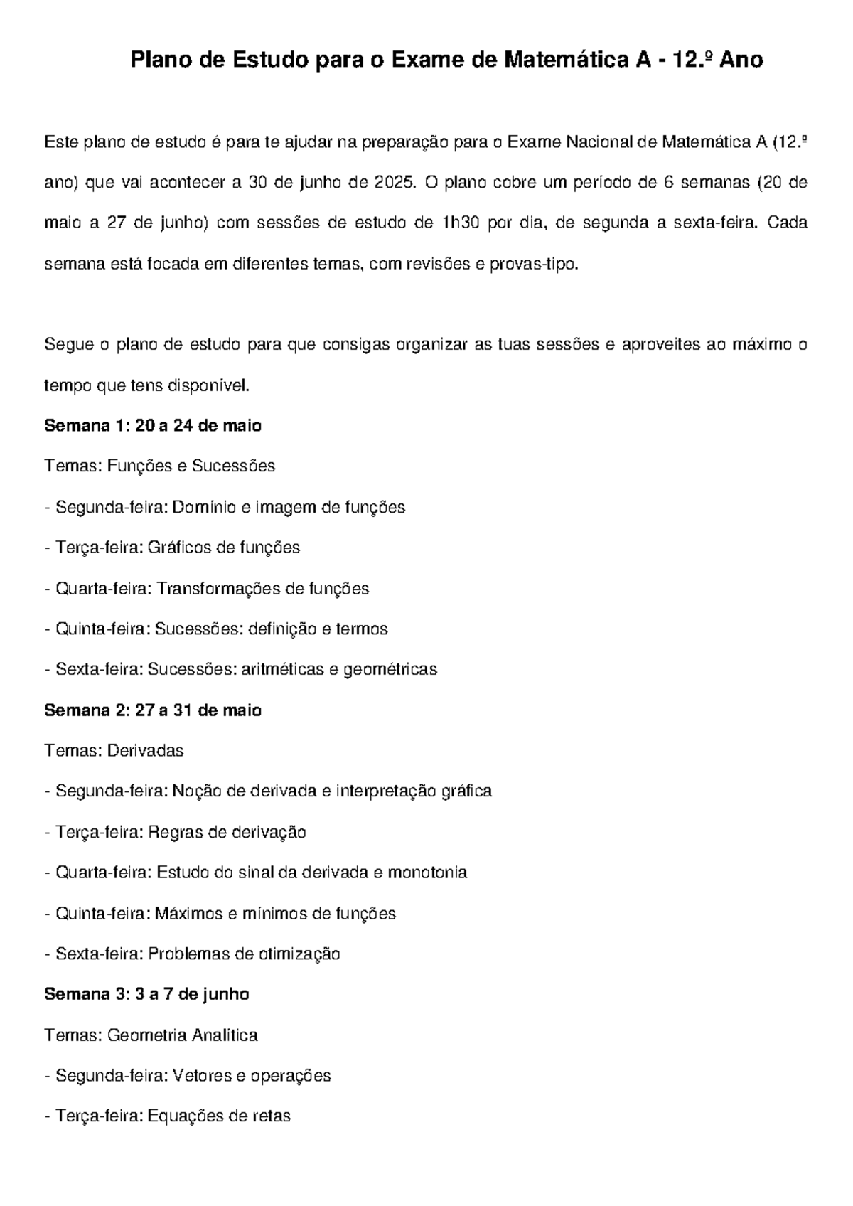 Plano de Estudo para o Exame de Matemática A 12.º Ano - Studocu