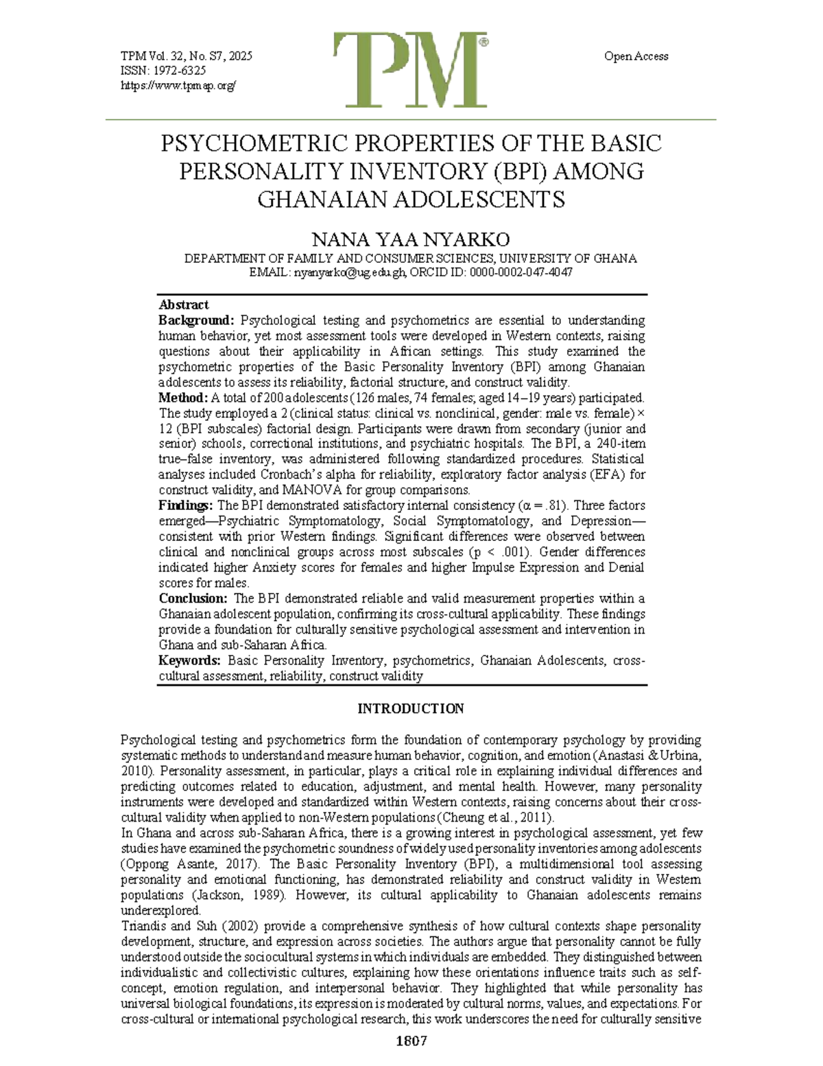 Psychometric Properties of the Basic Personality Inventory (BPI) in ...