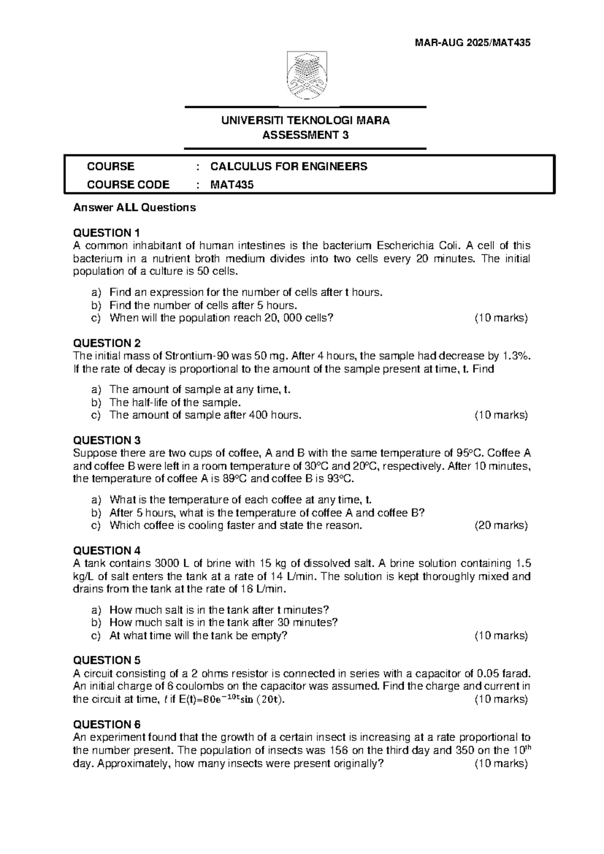 Assignment MAT435: Calculus for Engineers - Assessment 3 - Studocu