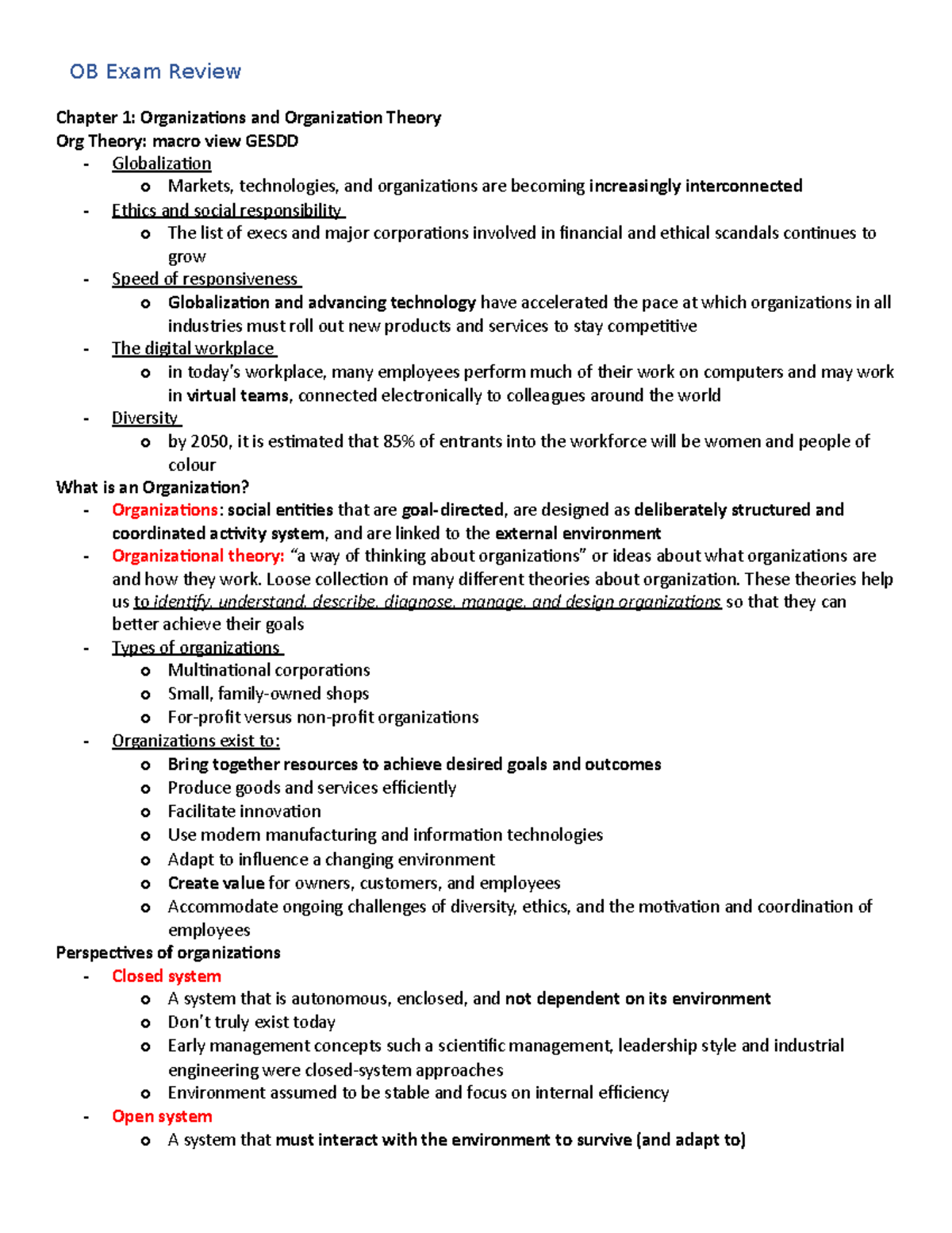 Final Exam Review - Comprehensive Notes on Organizational Behavior (OB ...