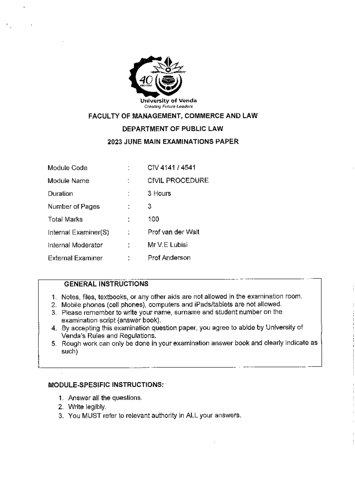 CIV 4141 4541 Final Exam Paper: Civil Procedure June 2023 - Studocu