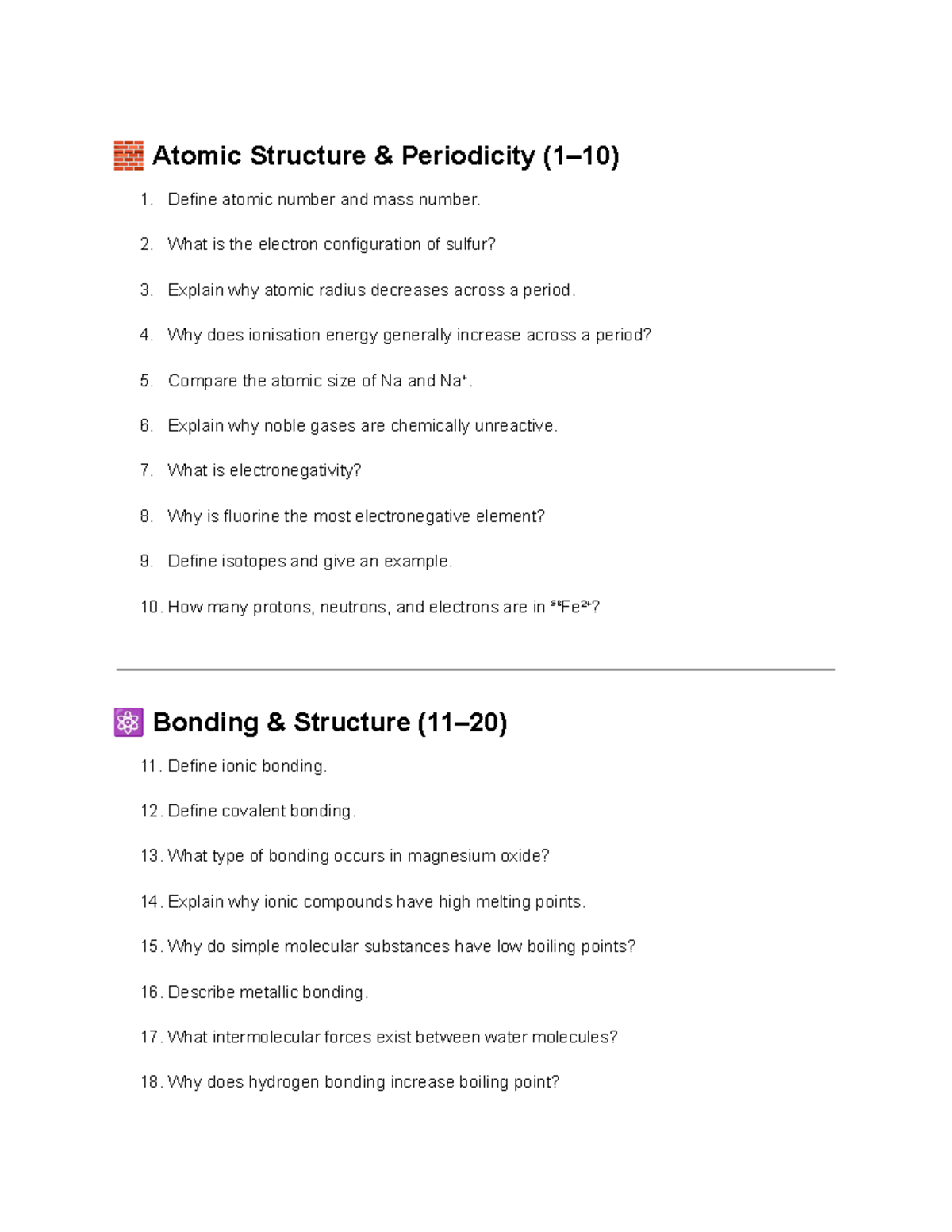 Chem Q2 - Atomic Structure, Bonding, and Stoichiometry Questions - Studocu