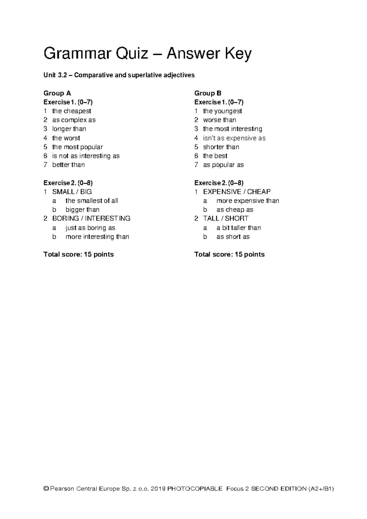 Focus 2 2ed Grammar Quiz Answer Key: Unit 3.2 Adjectives - Studocu