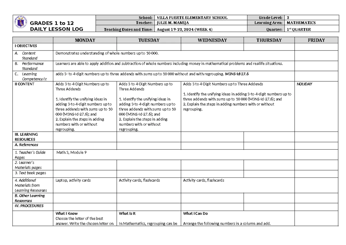 DLL Mathematics 3 Q1 W6 Lesson Plan and Activities for Grade 3 - Studocu