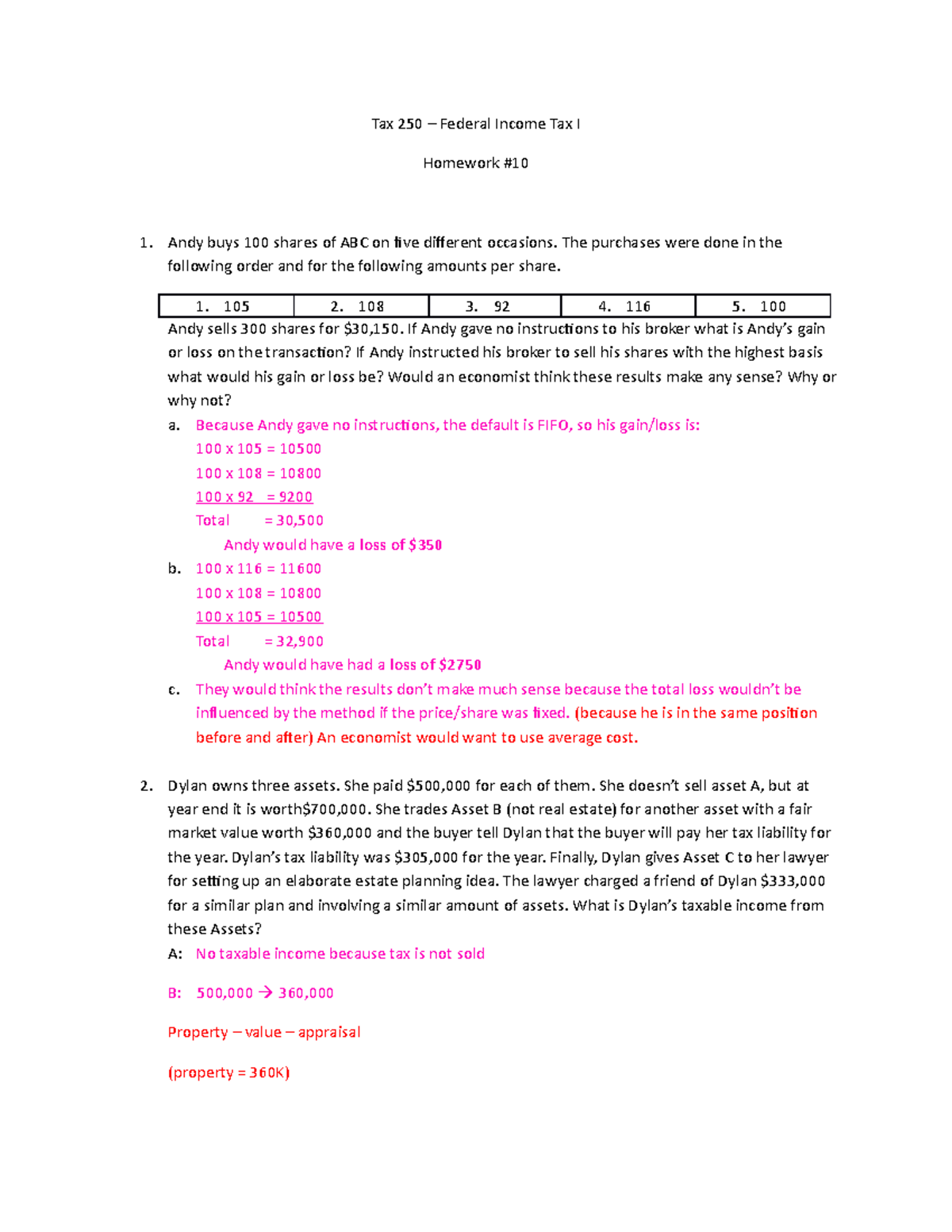 Tax 250 - Homework 10: Federal Income Tax Calculations and Analysis ...