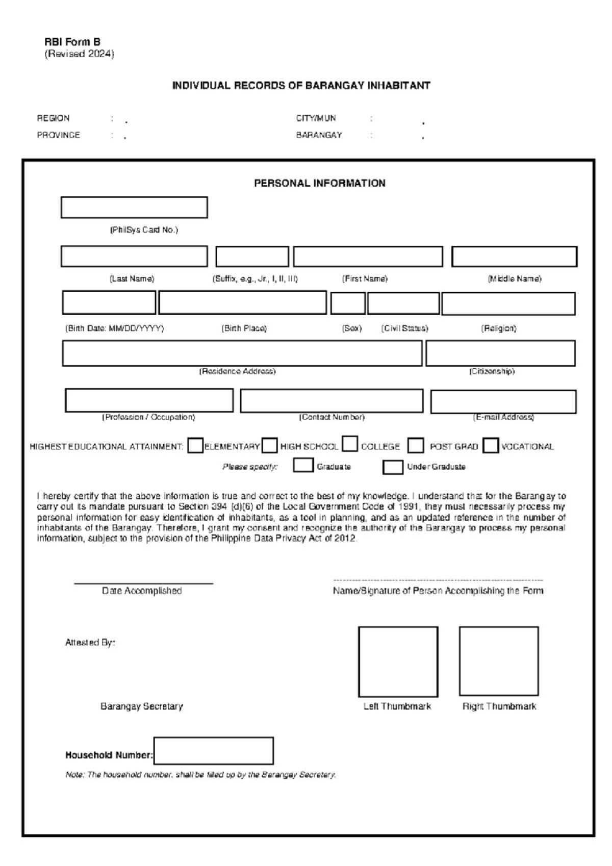RBI Form B (Revised 2024): Individual Records of Barangay Inhabitants ...