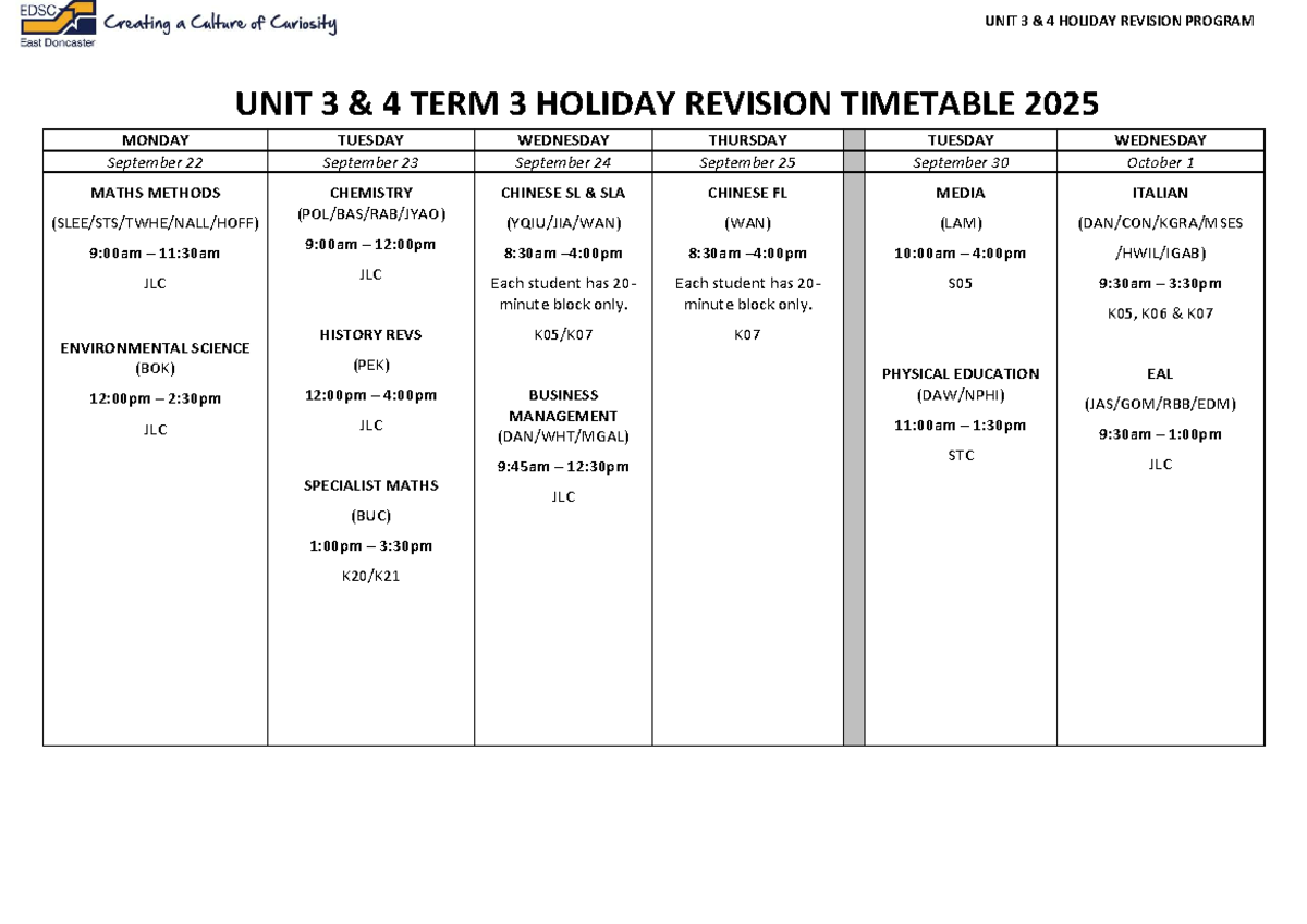 2025 VCE Holiday Revision Timetable: Unit 3 & 4 Schedule - Studocu