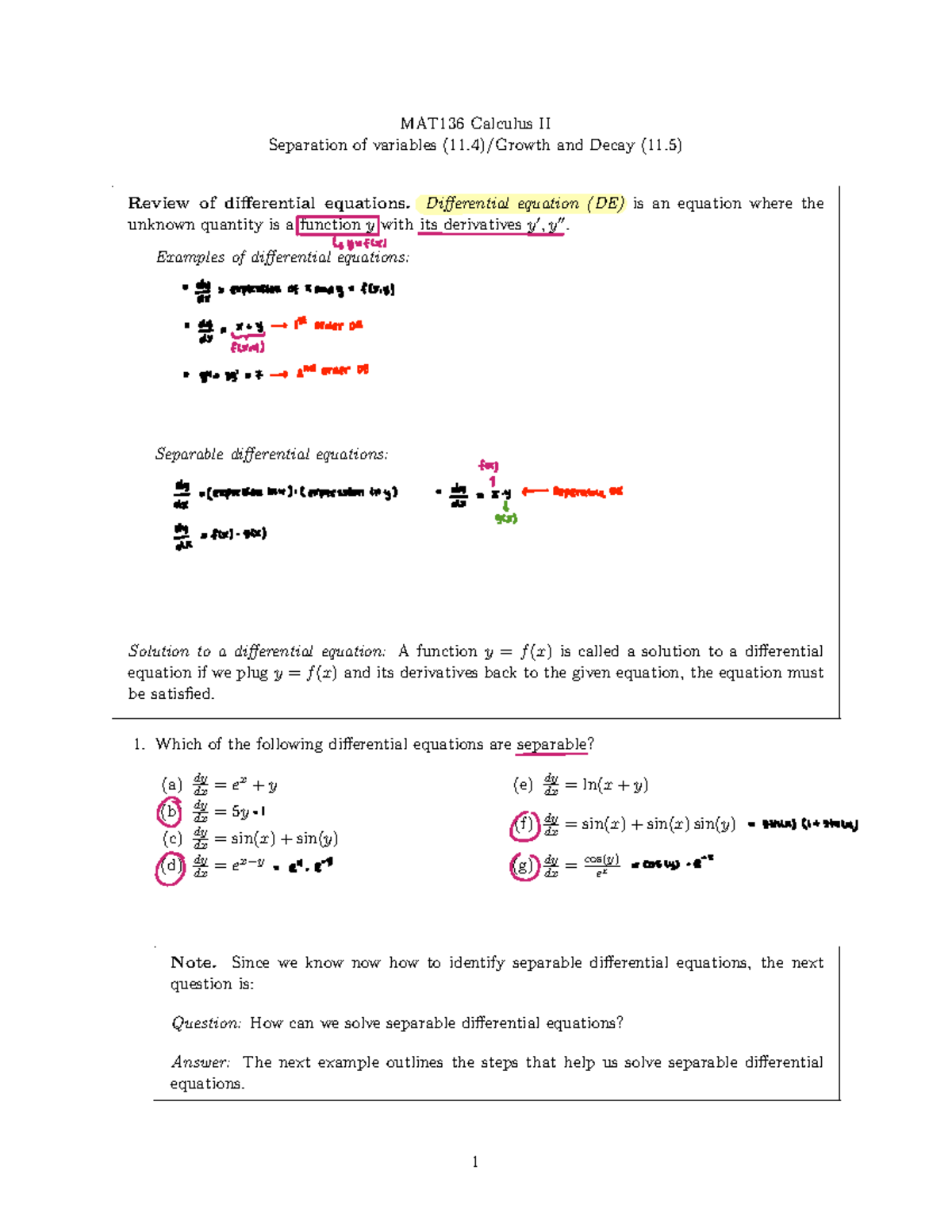 MAT136 Calculus II Lecture 12: Separation of Variables & Decay - Studocu