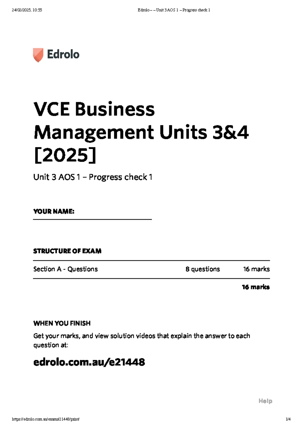 Edrolo – – Unit 3 AOS 1 – Progress check 2 - VCE Business Management ...