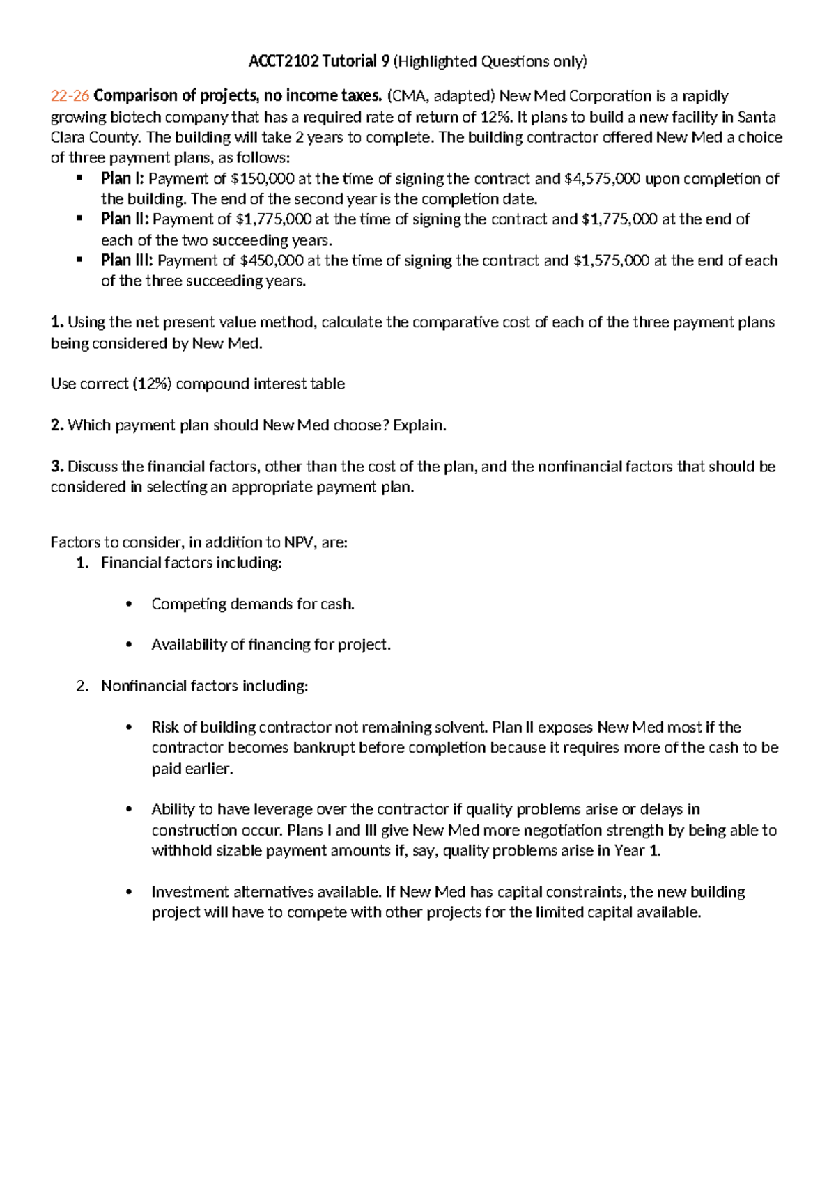 ACCT2102 Tutorial 9: Capital Budgeting & Cost Analysis Questions - Studocu