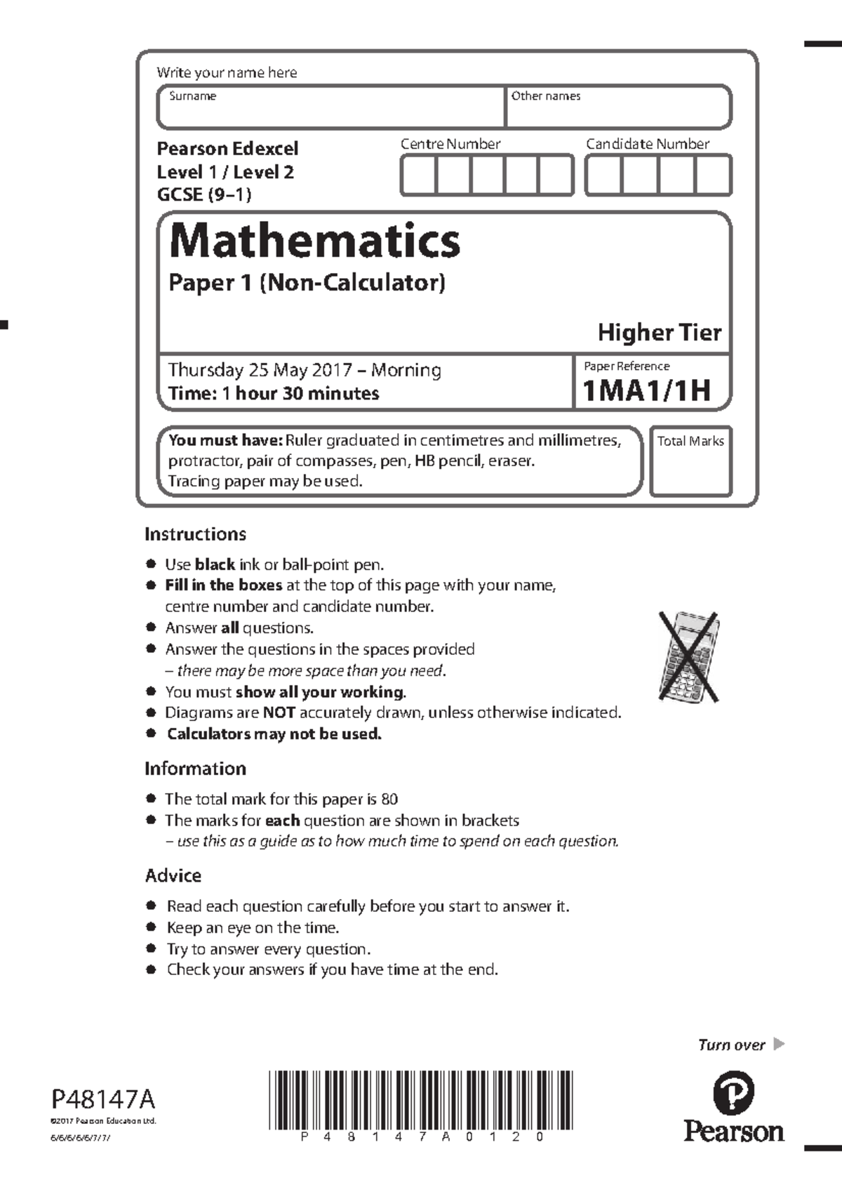 Mathematics Paper 1 Higher Tier GCSE (1H) - May 2017 Exam - Studocu