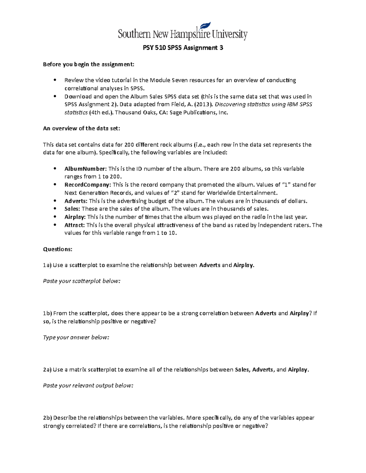 SPY 510 SPSS Assignment 3: Correlational Analysis of Album Sales - Studocu