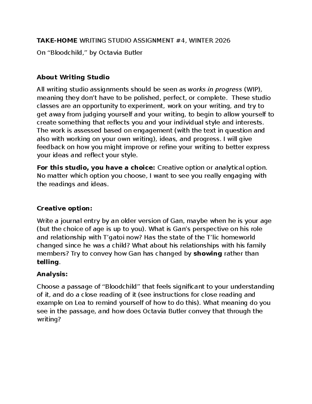 Writing Studio Assignment: Exploring Octavia Butler's Work W26 - Studocu