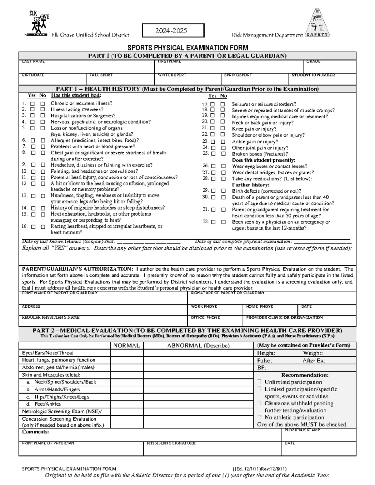 2024-2025 Sports Physical Examination Form for Student-Athletes ...