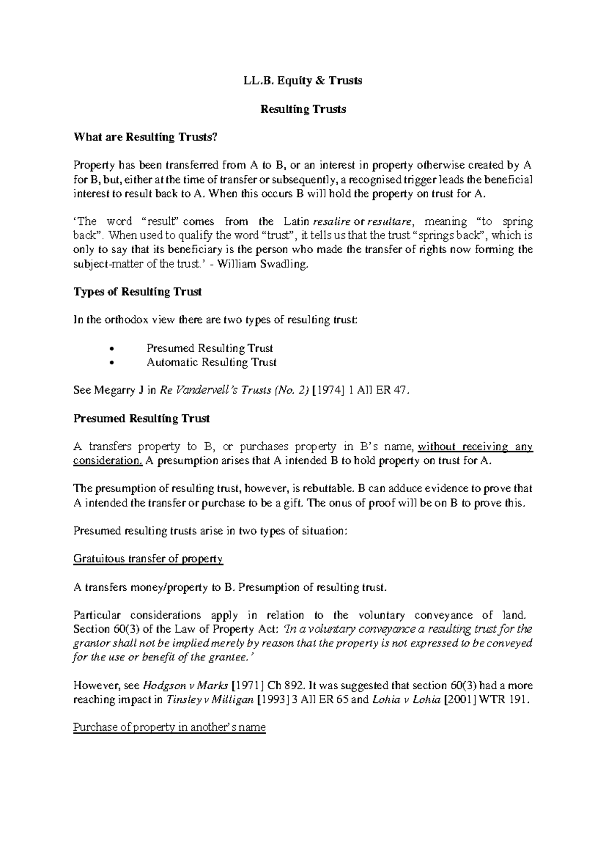Resulting Trusts: An Overview - LL.B. Equity & Trusts Lecture Notes ...