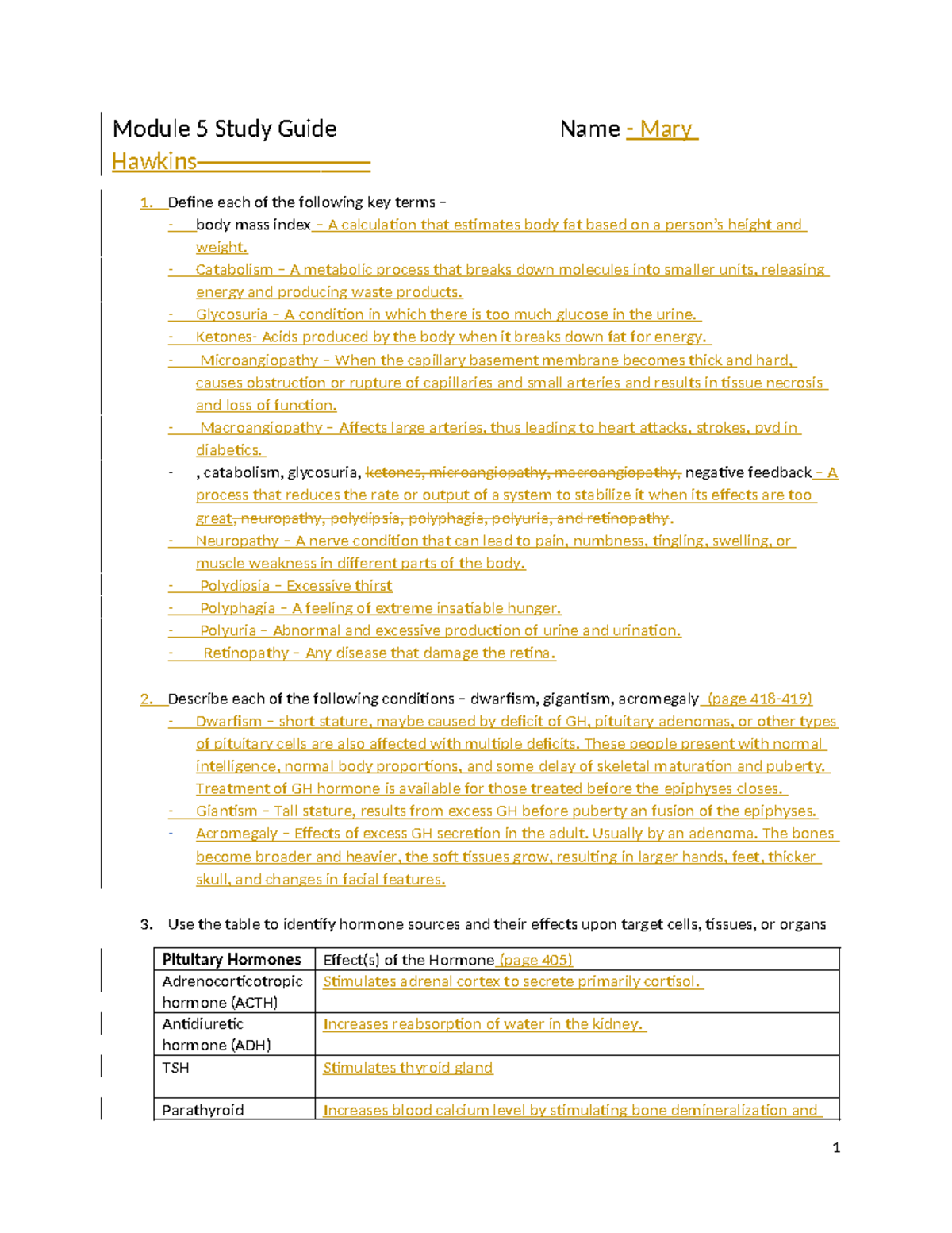 Module 5 Study Guide: Key Terms and Conditions in Diabetes and Hormonal ...