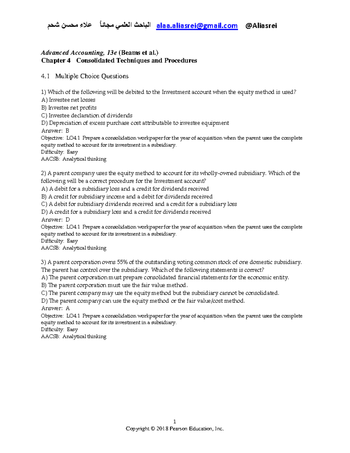 Advanced Accounting (Beams 13e) Chapter 4 Test Bank Exercises - Document Preview