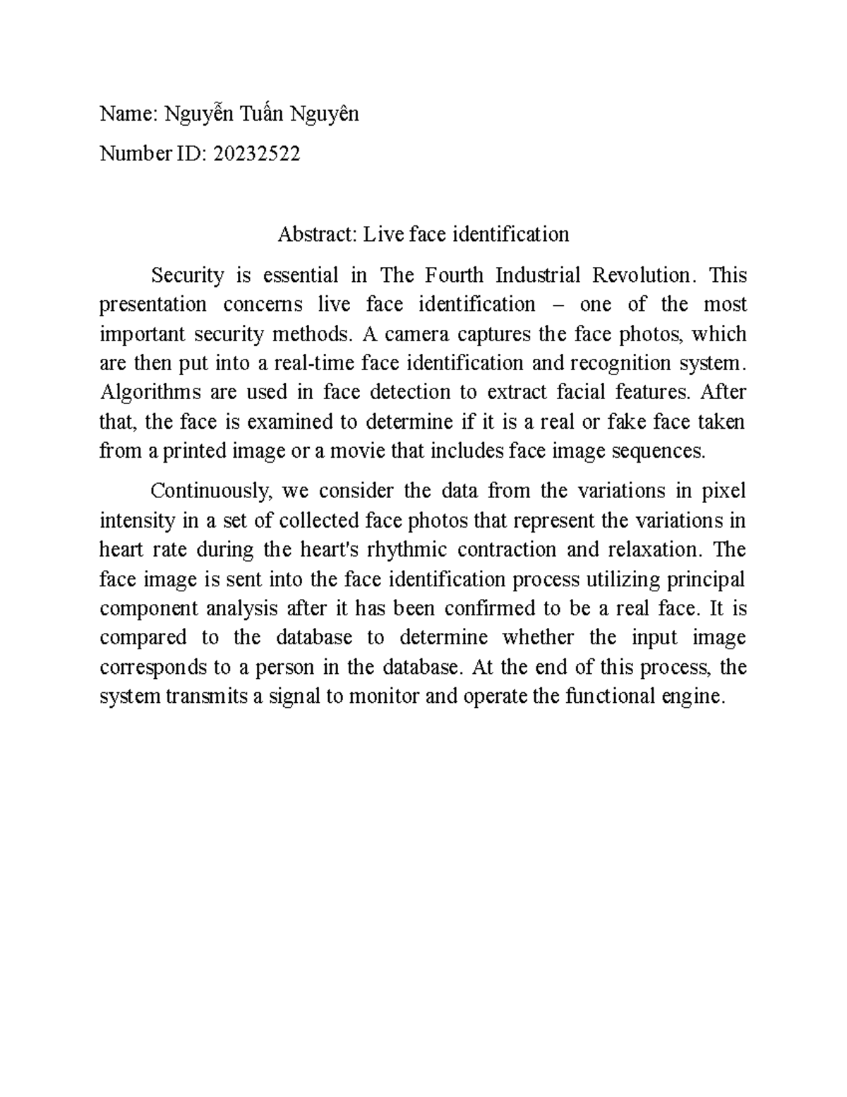 CS101 - Abstract on Live Face Identification Security Method - Studocu