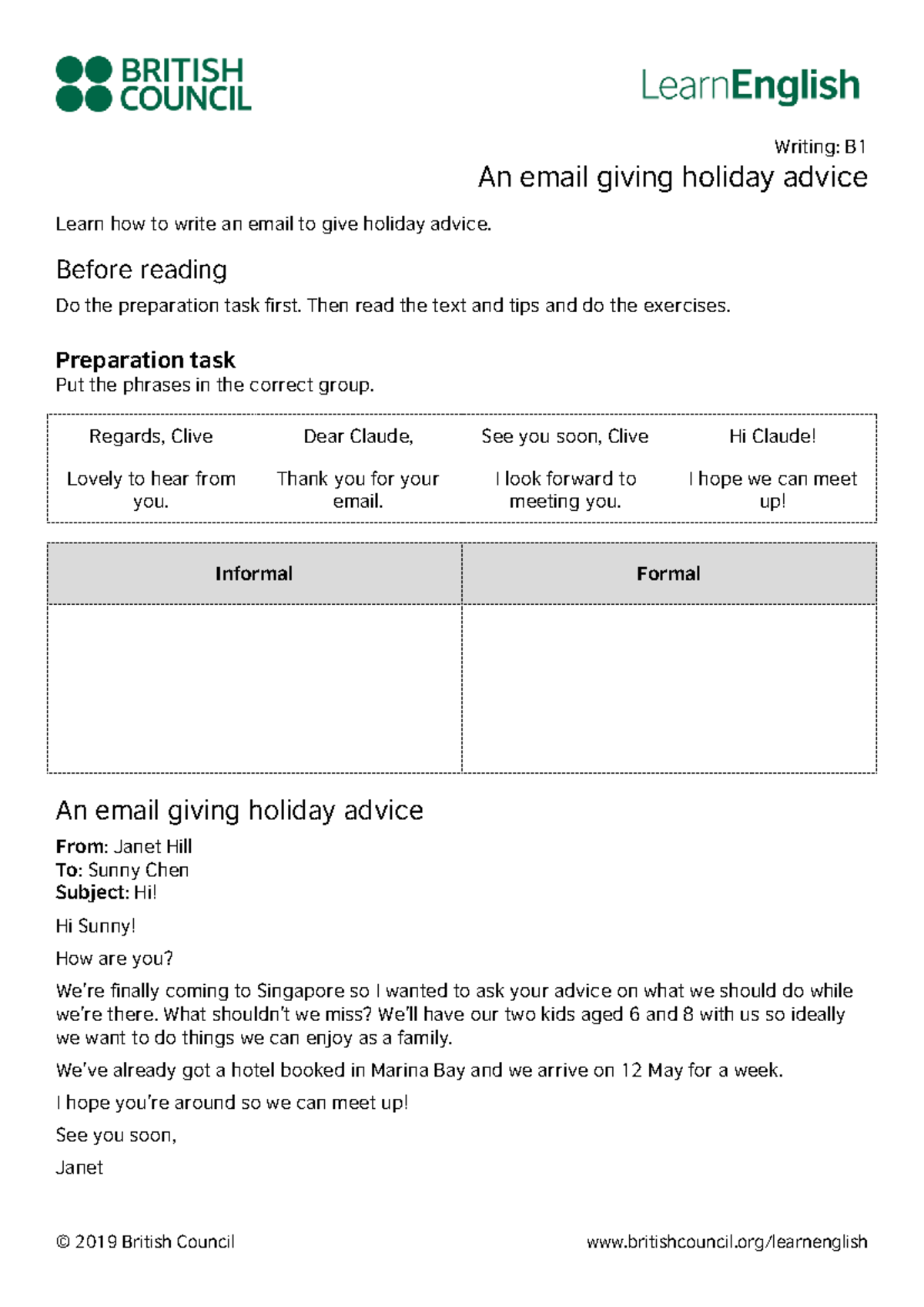 Learn English Writing B1: Email Tips for Holiday Advice - Studocu