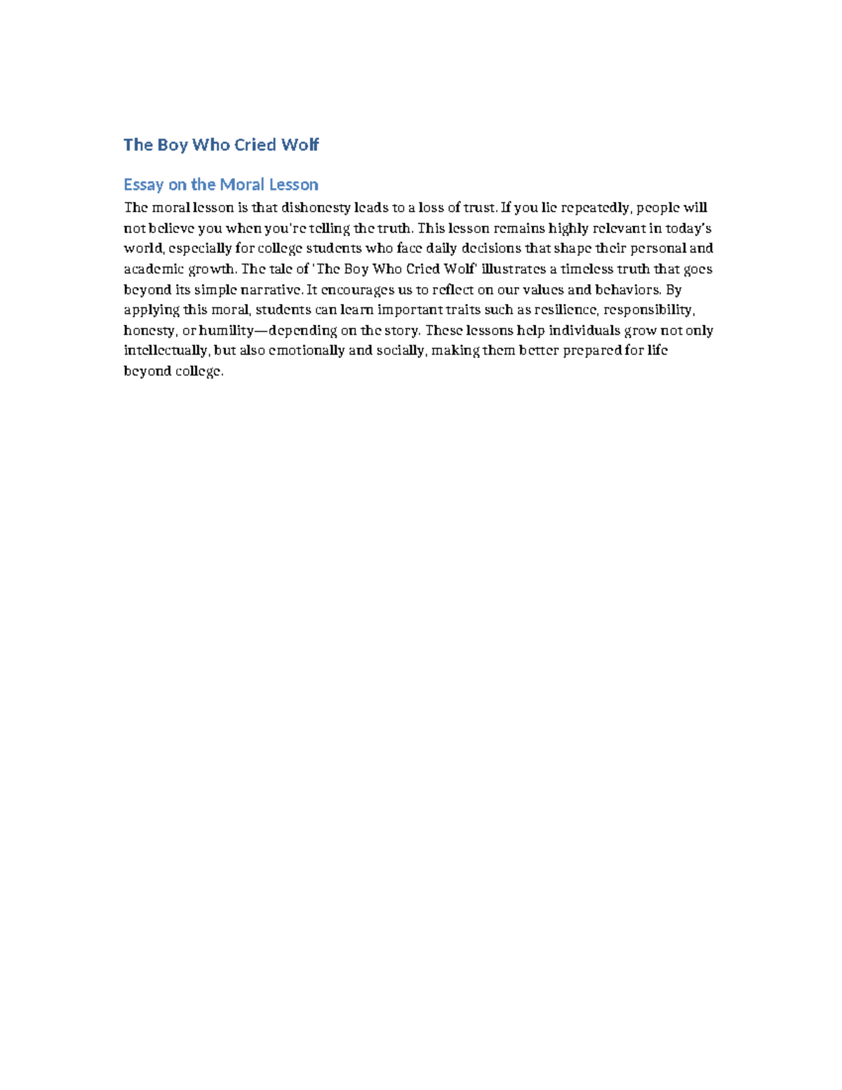 The Boy Who Cried Wolf: Moral Lessons for College Students Essay - Studocu