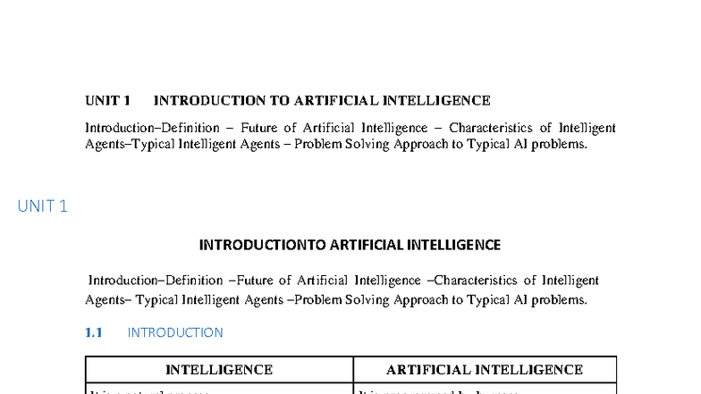 AI UNIT I - Introduction to Artificial Intelligence and Intelligent ...