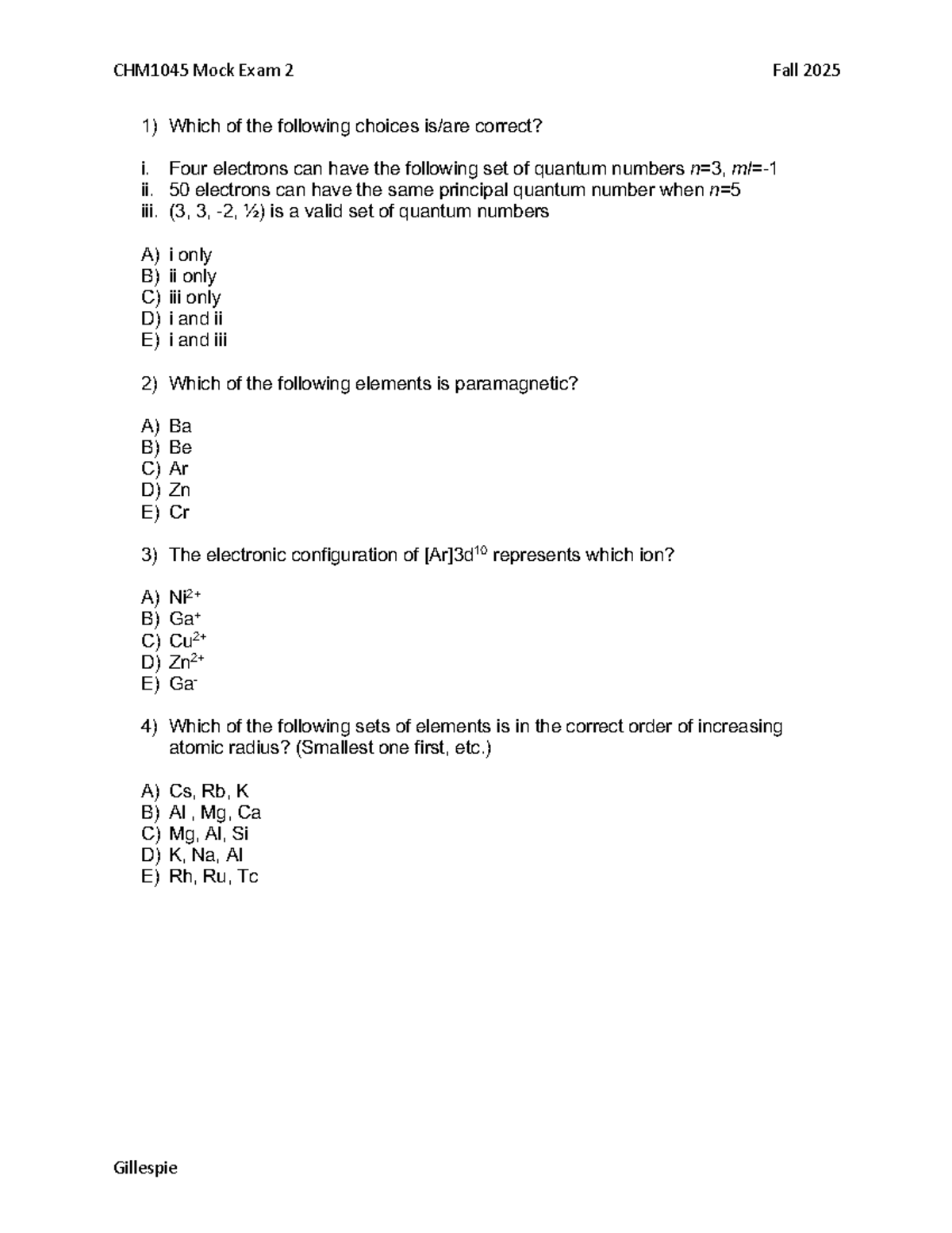 CHM1045 Mock Exam 2 Key - Fall 2025 by Gillespie - Studocu